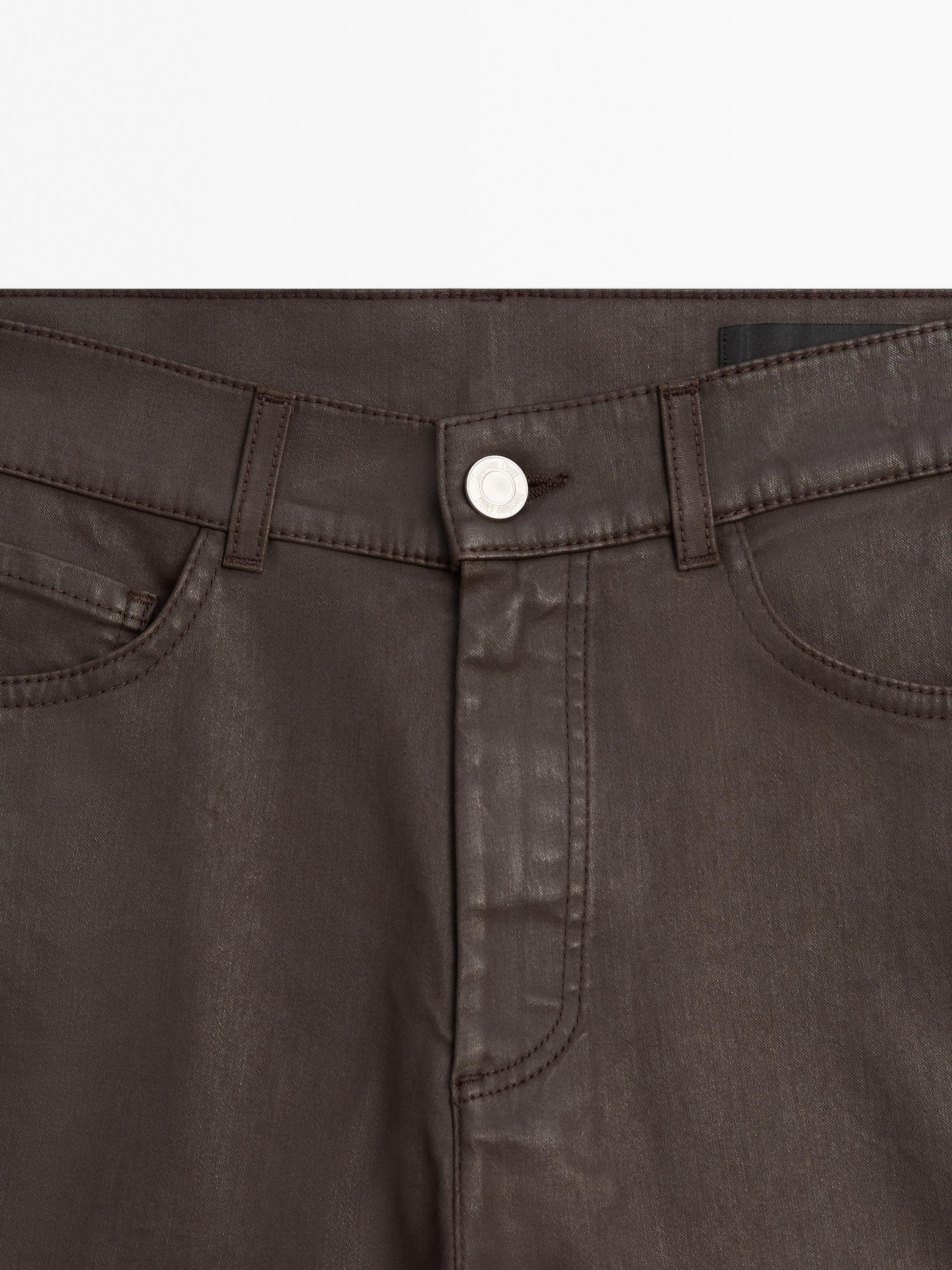 High-waist straight-leg waxed trousers — BROWN