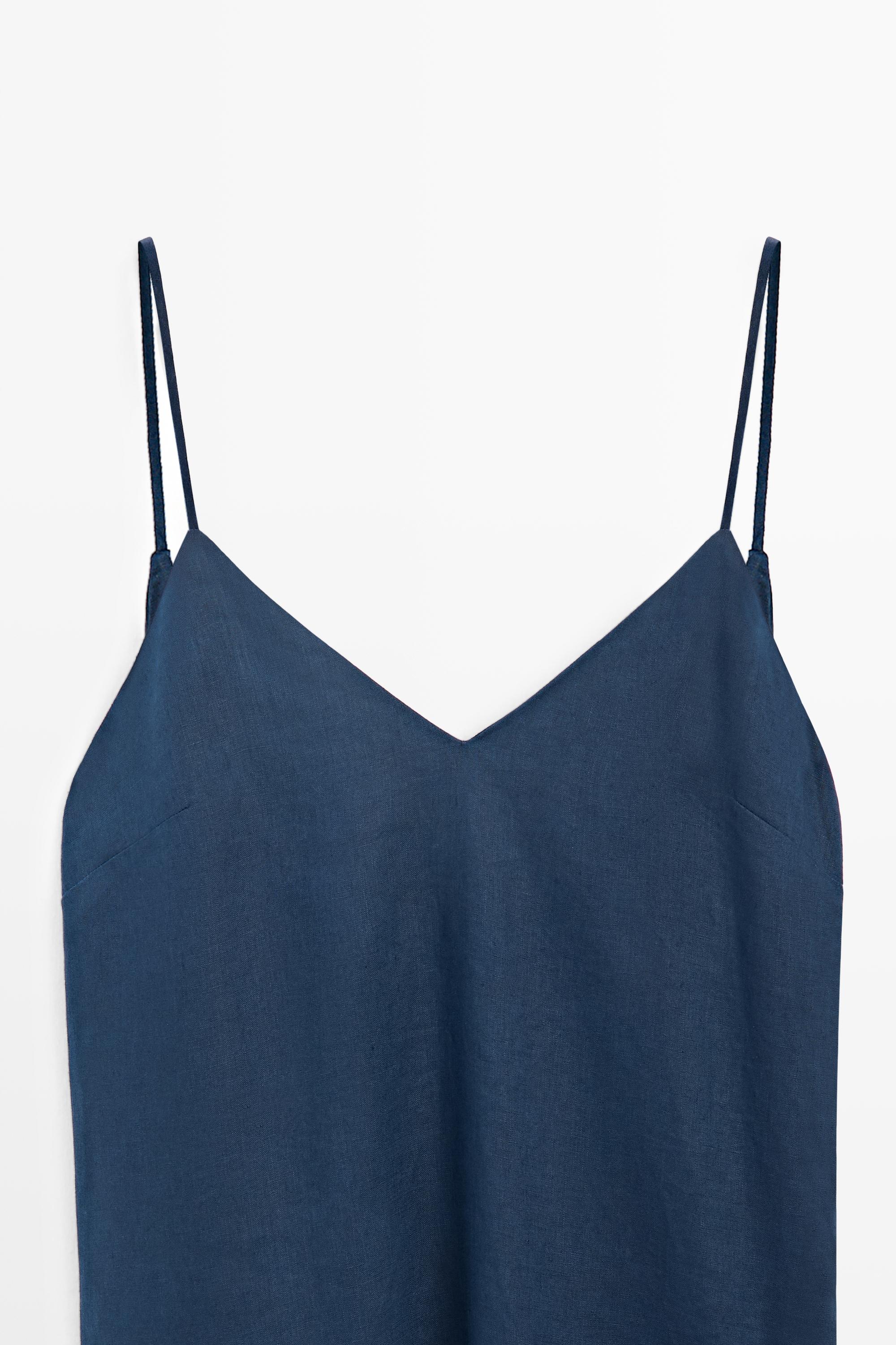 100% linen asymmetric midi dress — BLUE