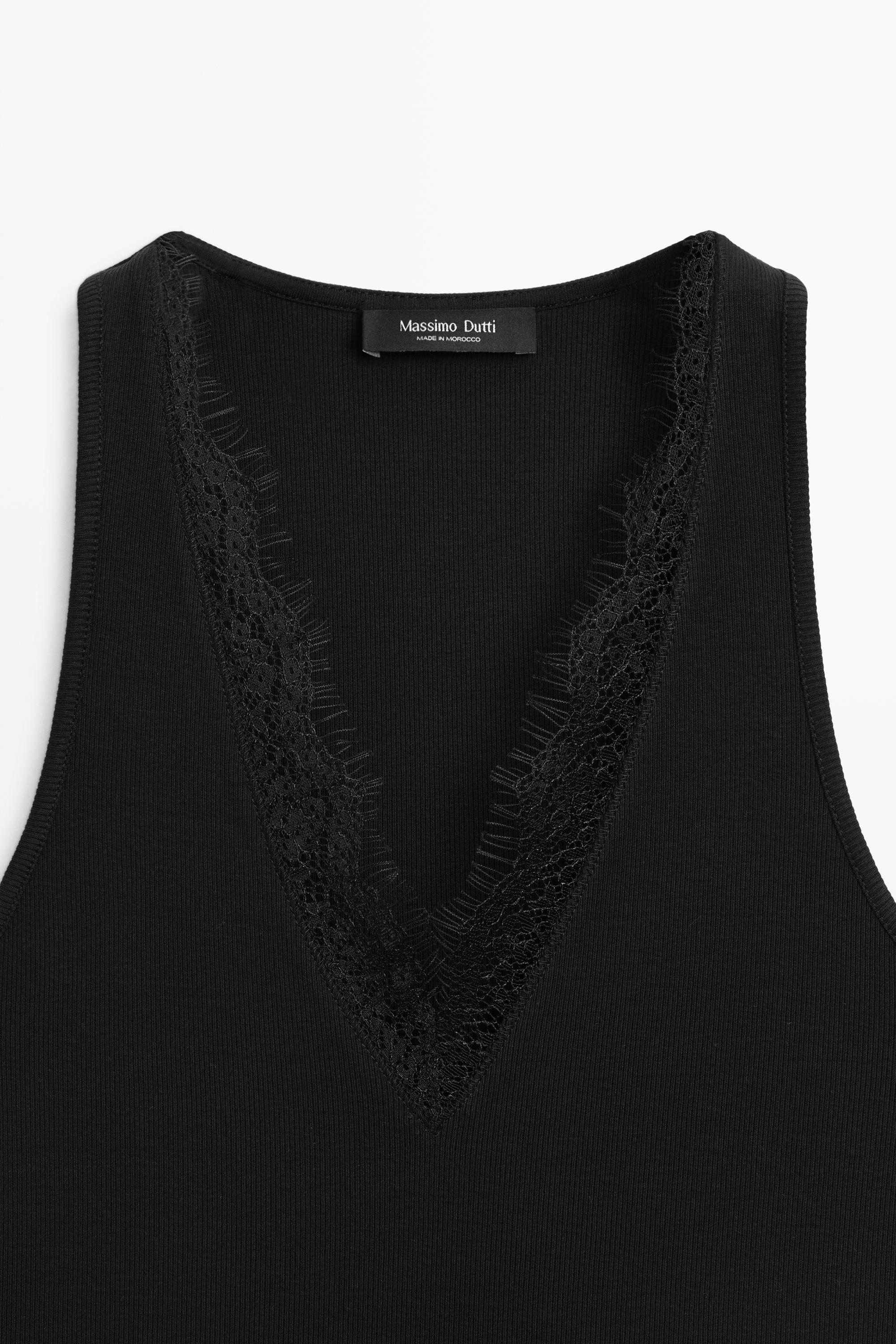 V-neck lace trim camisole top — BLACK