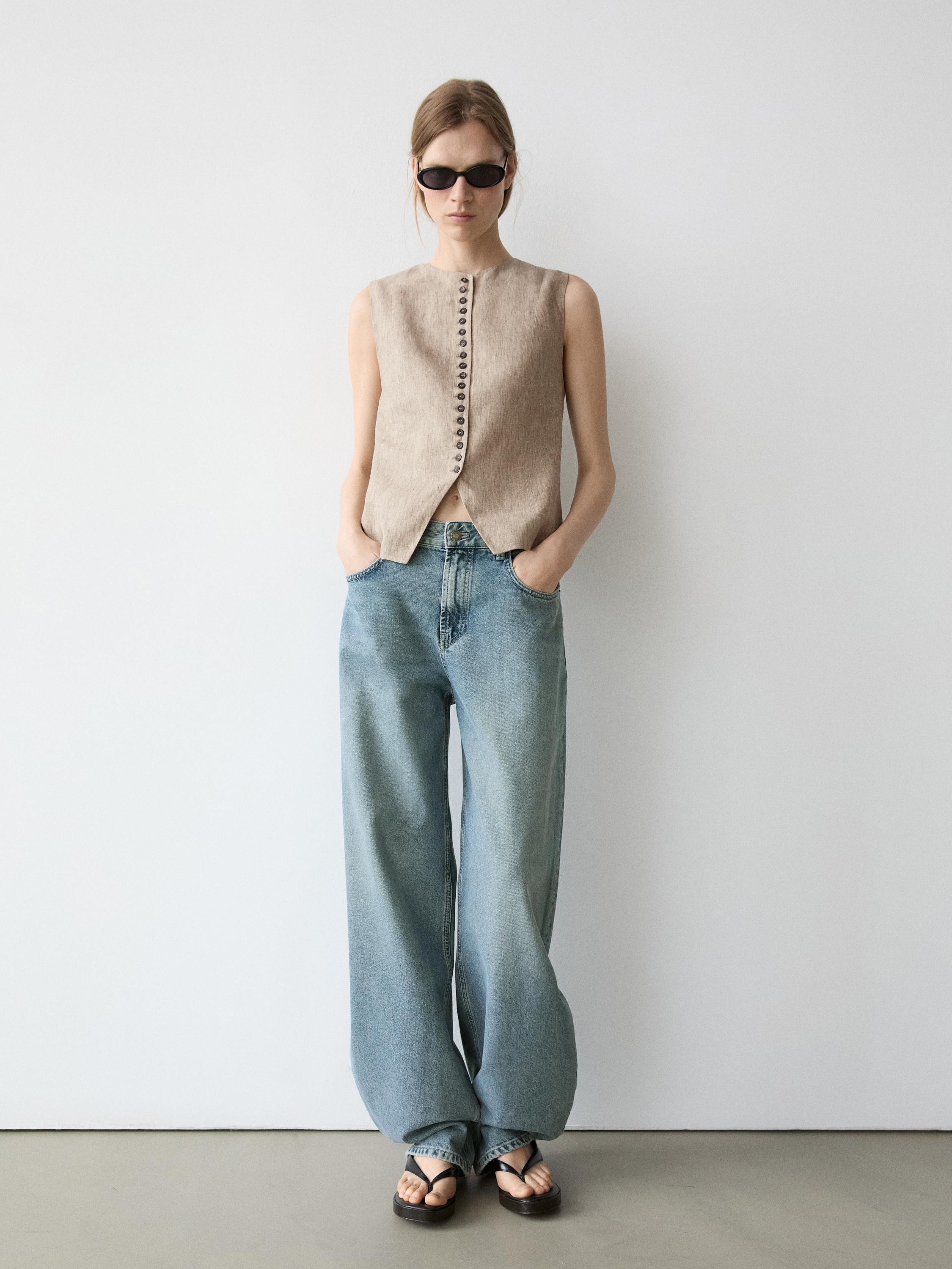 Linen melange waistcoat with buttons — BEIGE