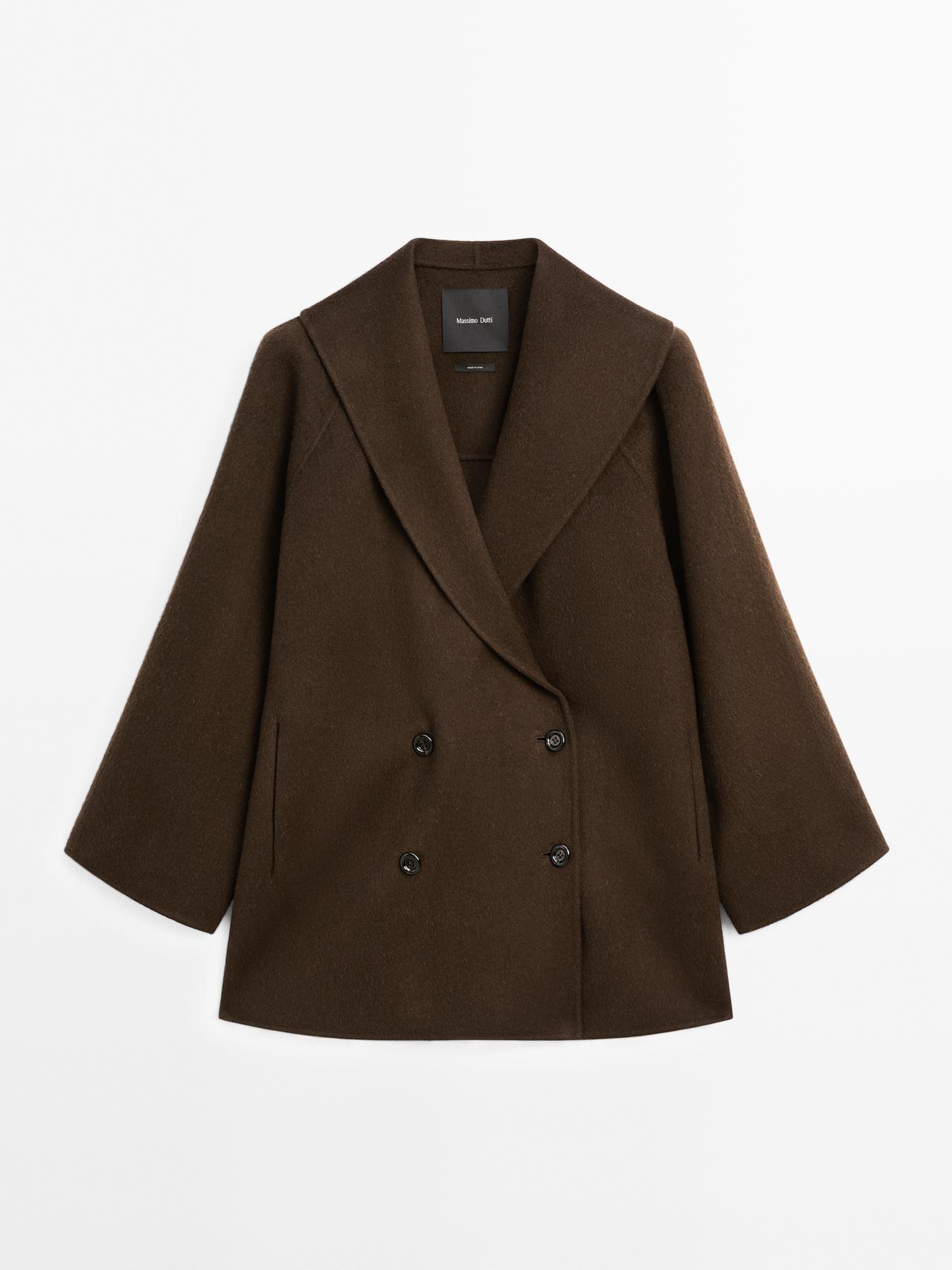Massimo Dutti - Dames - Double-Breasted Jas Van Wolmix Met Smokingkraag - Grijsachtig Groen - L