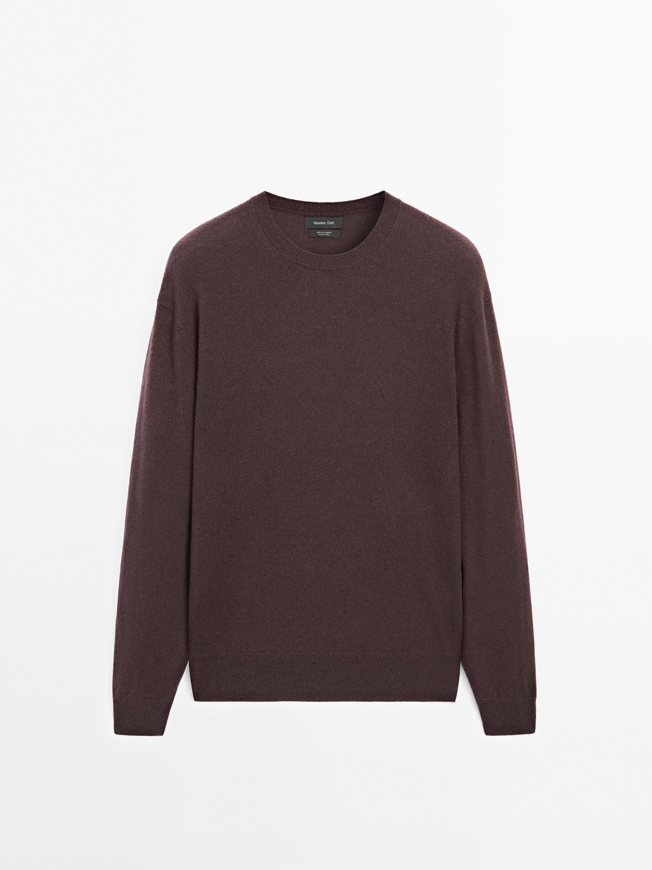 Massimo Dutti - Herre - Trøje I Kashmirstrik Med Rund Hals - Granatrød - M