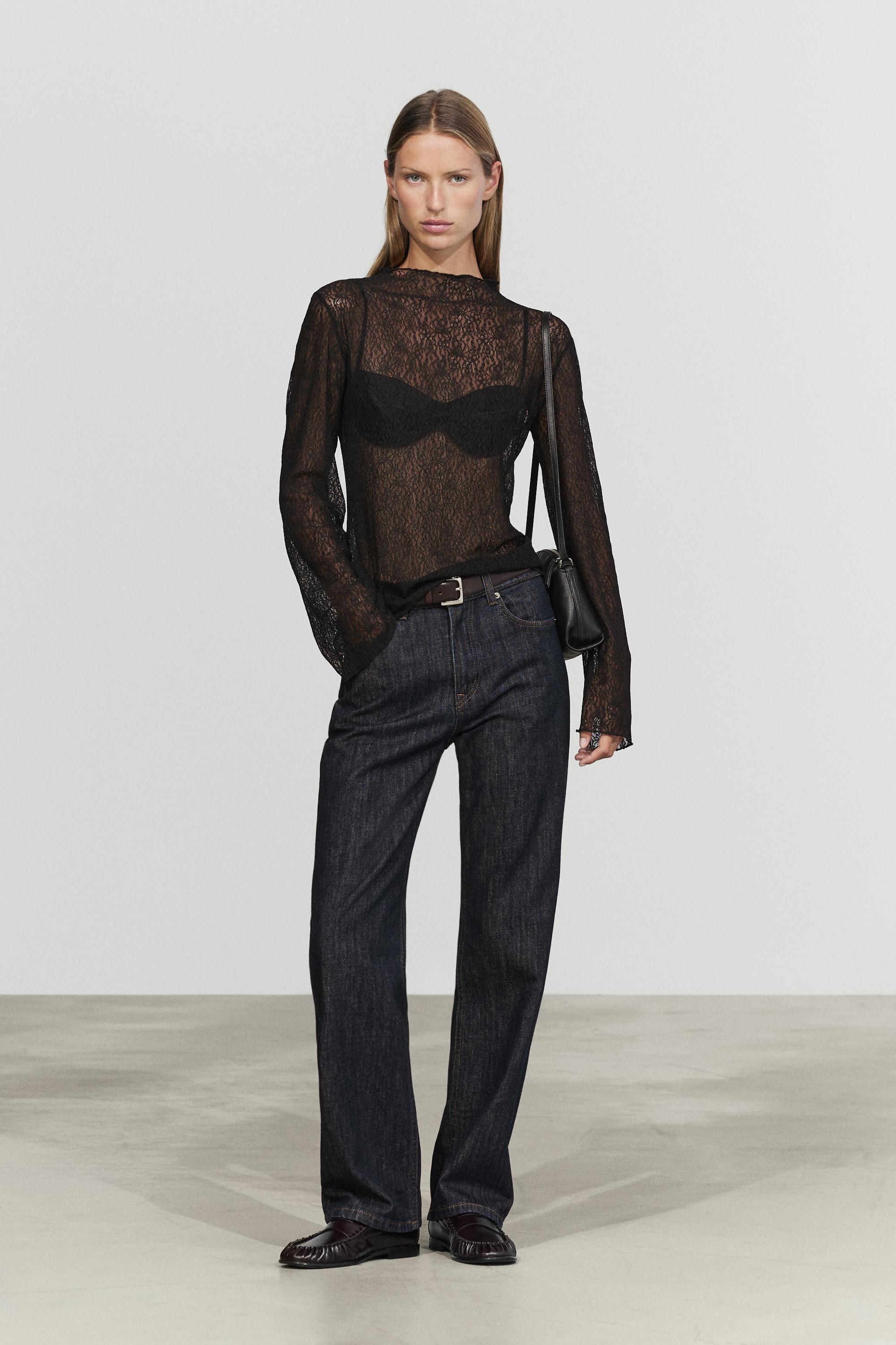 Semi-sheer lace detail T-shirt — BLACK