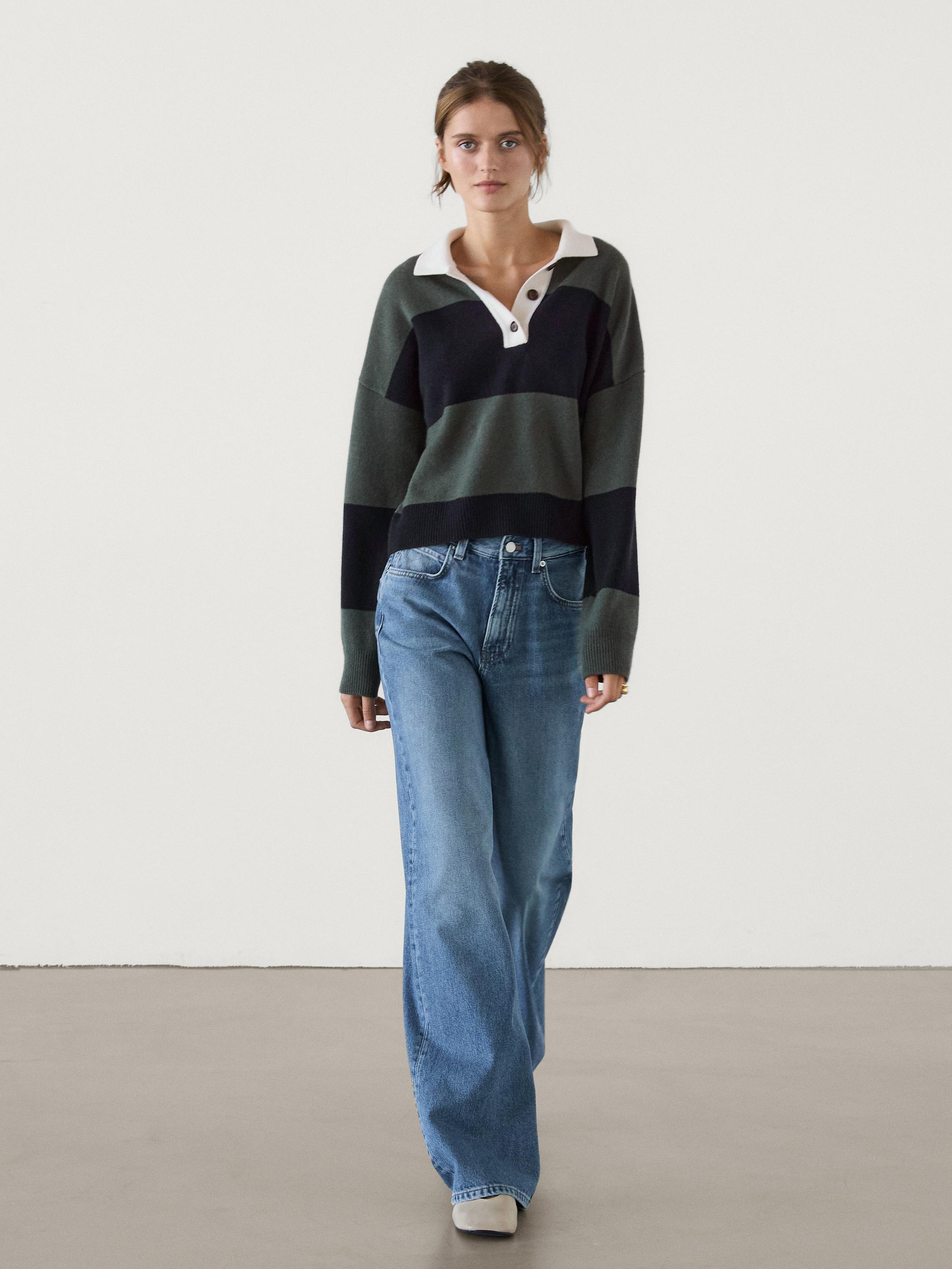 Knit sweater with polo collar and stripes · Green · Sweaters And