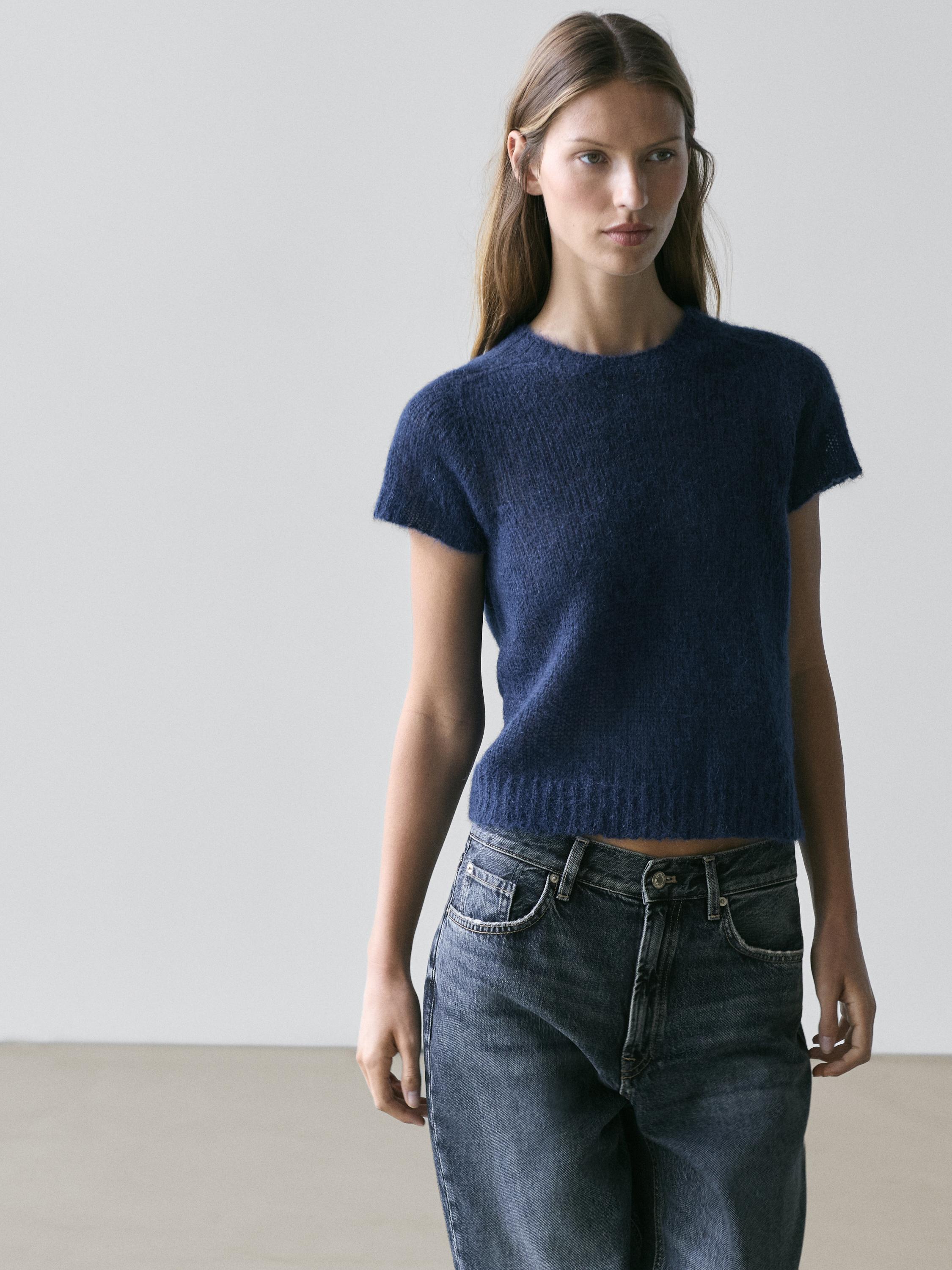 Short sleeve knit alpaca blend sweater — Dark Blue