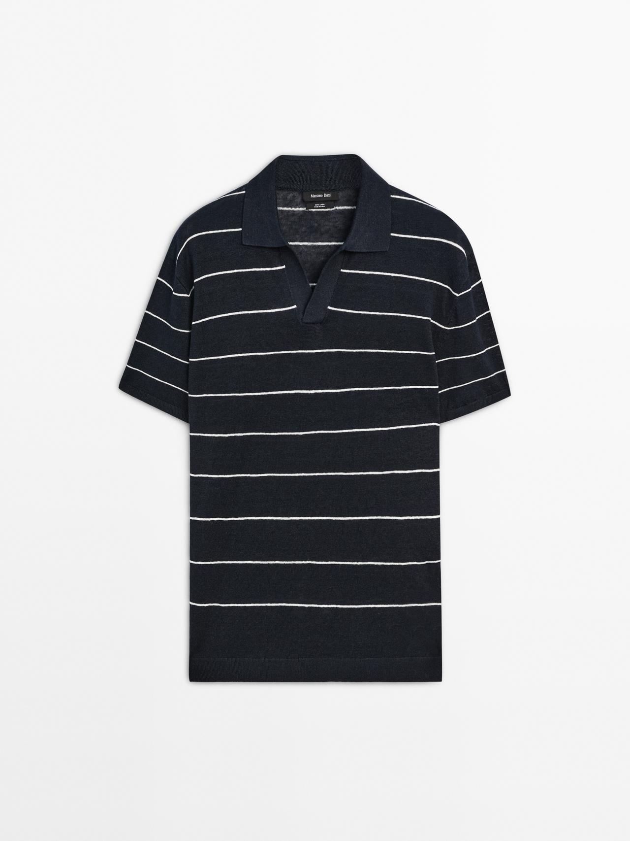 Massimo Dutti - Heren - 100% Linnen Gestreepte Tricot Polo - Marineblauw - S