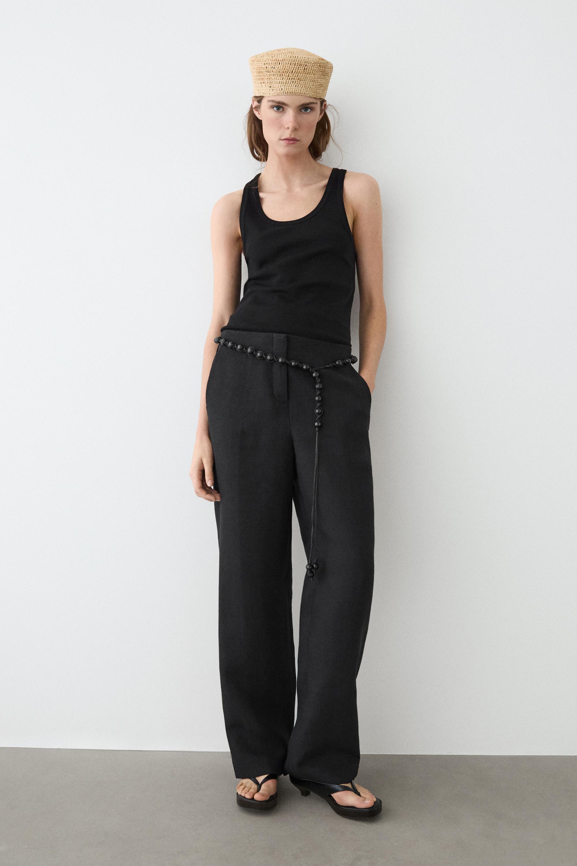 Flowing straight-leg linen trousers — BLACK