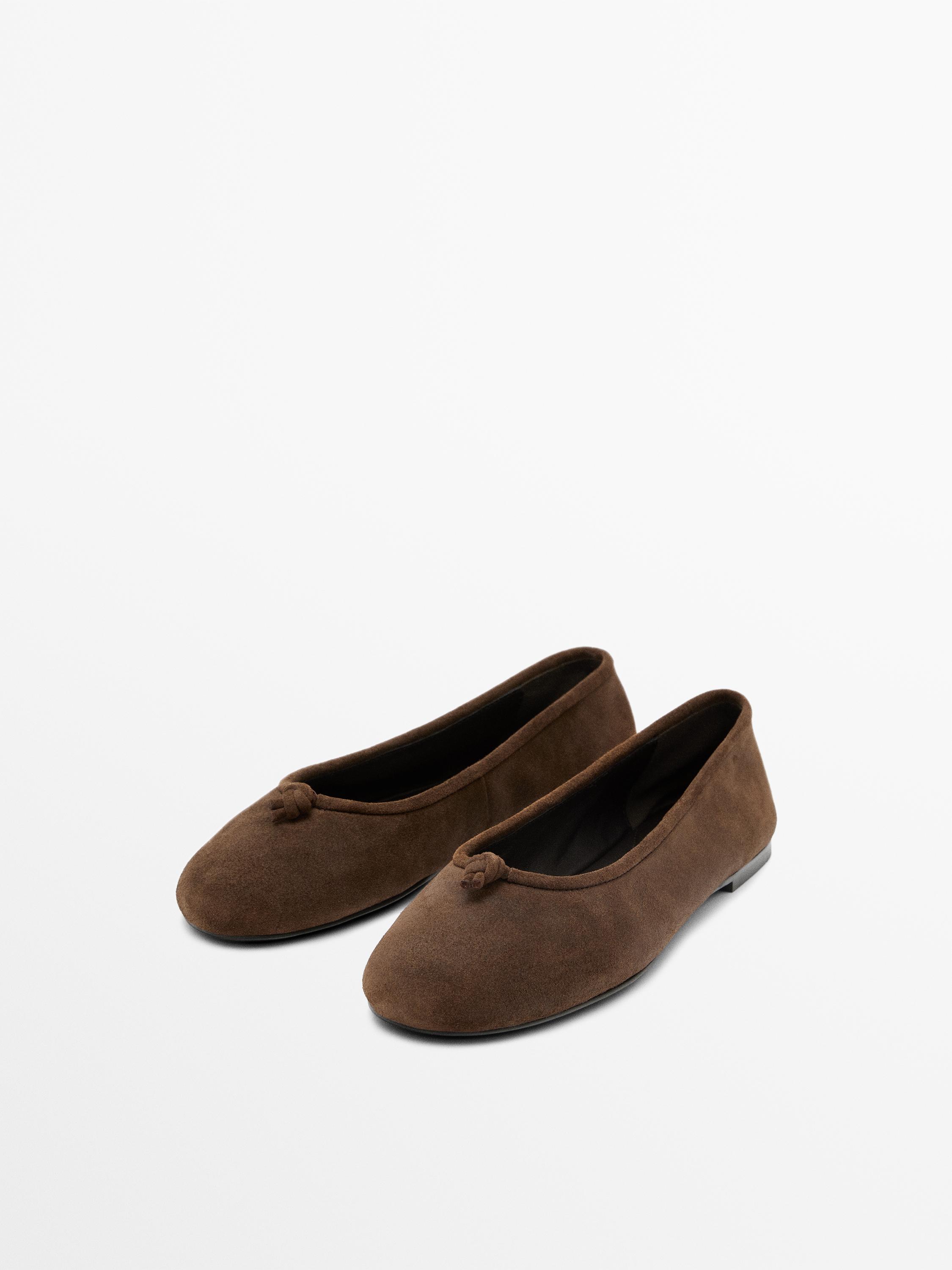Leather ballet flats with knot — BROWN