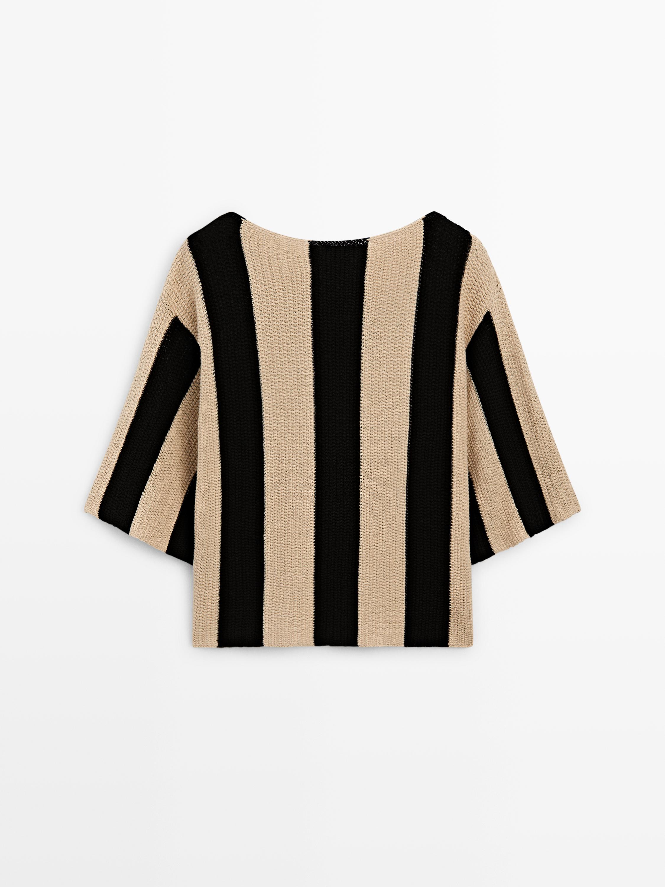 Striped cotton blend knit sweater — BLACK