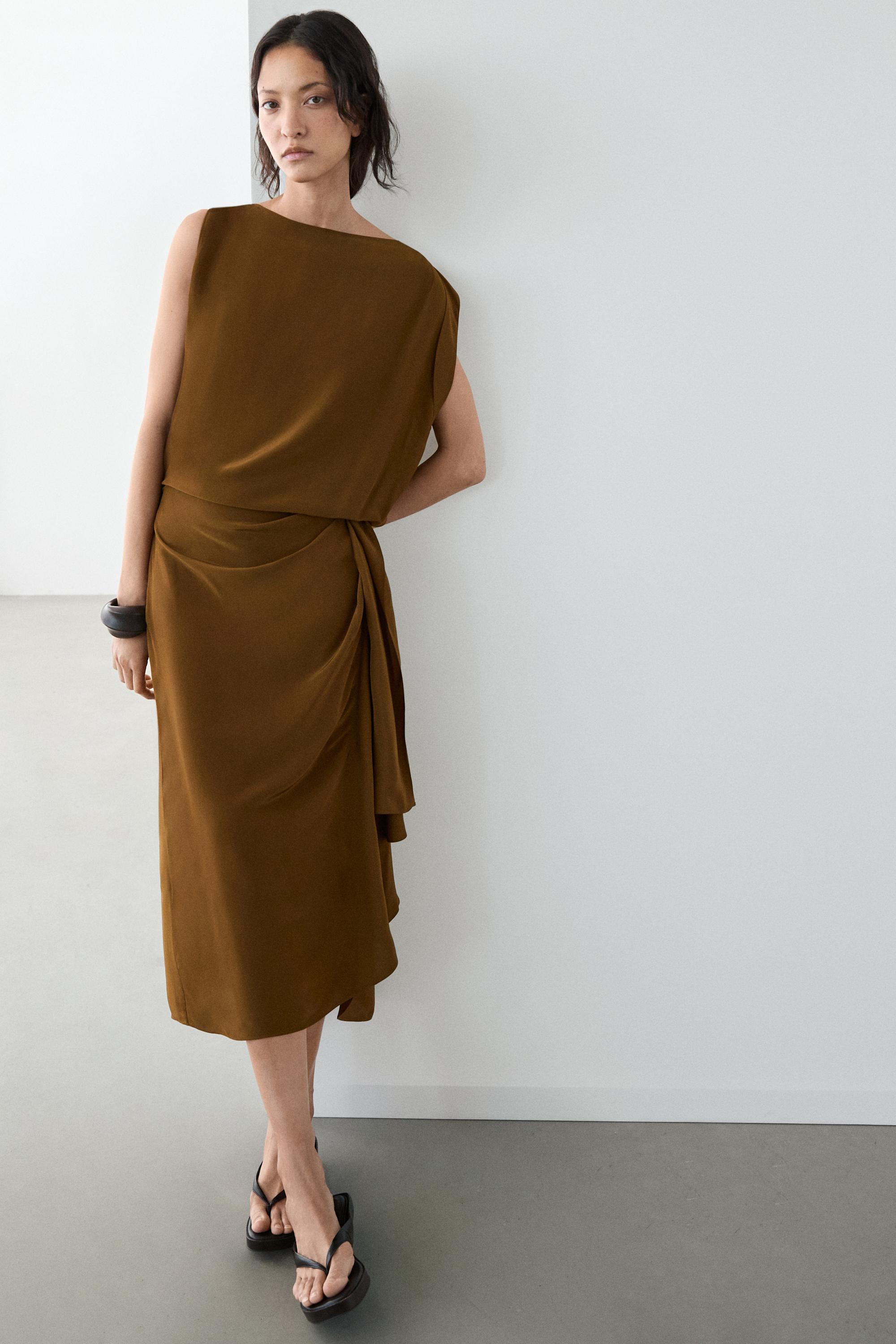 Flowing midi dress with draped detail — GOLDEN
