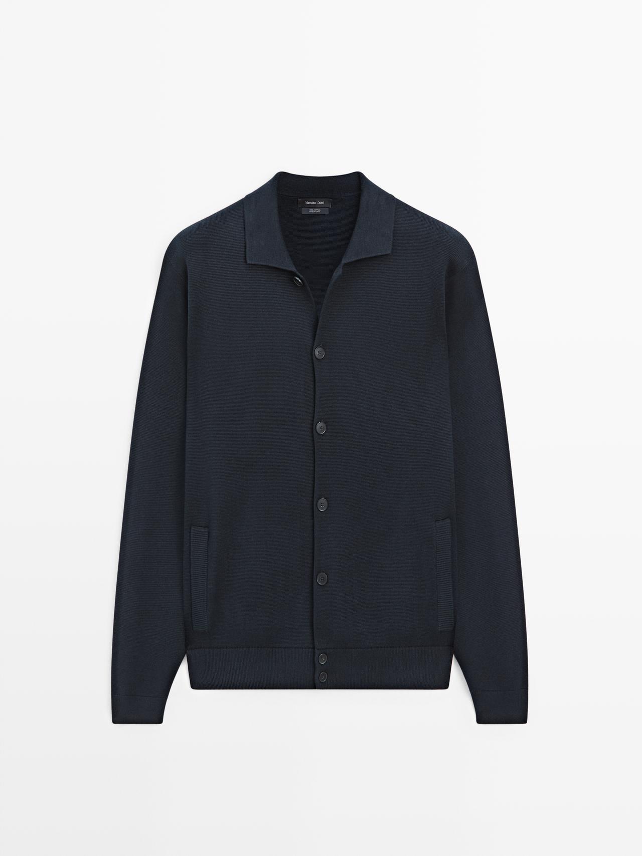 Massimo Dutti - Herre - Strikket Cardigan I 100% Bomuld Med Polokrave - Marineblå - S