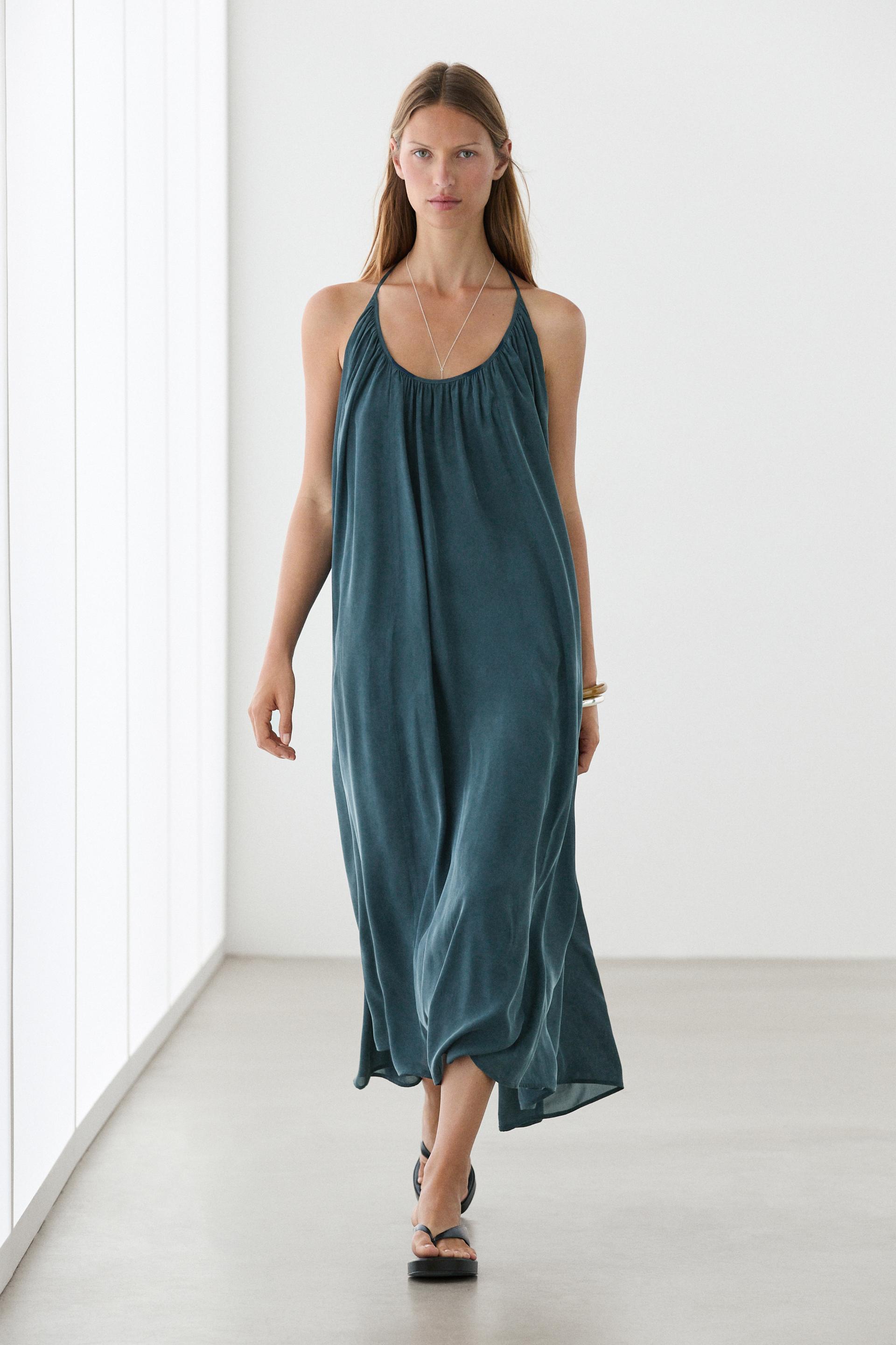 Vestito Midi Arricciato Scollo - Azzurro Oscuro - L - Massimo Dutti - Femminile
