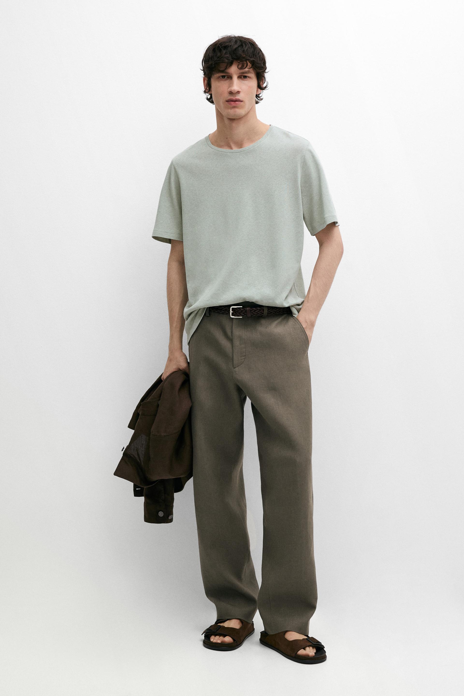 T-Shirt À Manches Courtes En Lin Et Coton - Vert - L - Massimo Dutti - Homme