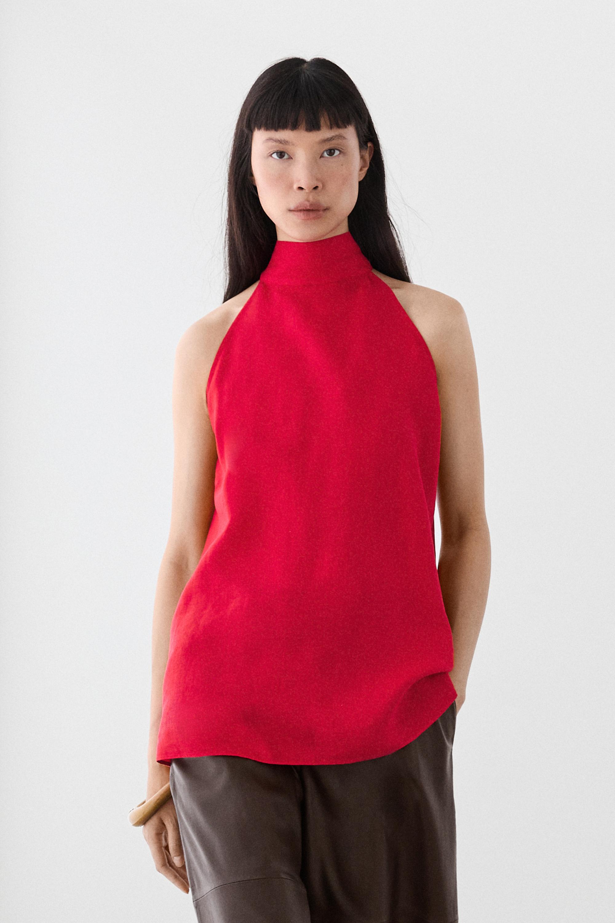 100% linen flowing halter top — RED