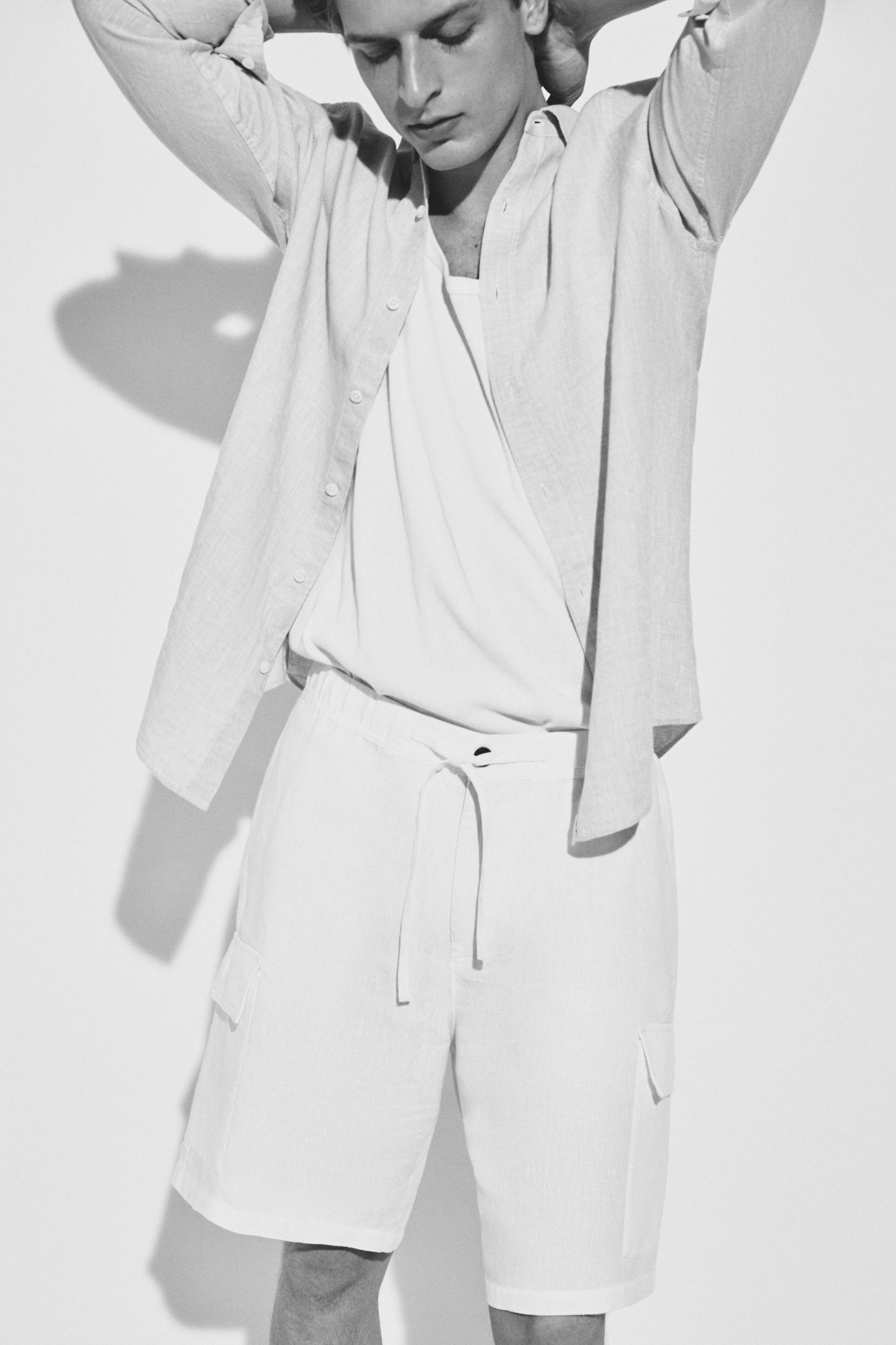 100% linen cargo Bermuda shorts — WHITE