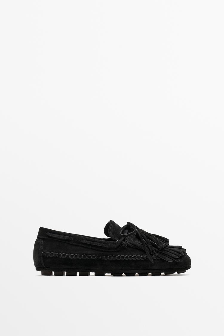 Leather fringed and tassel loafers — BLACK