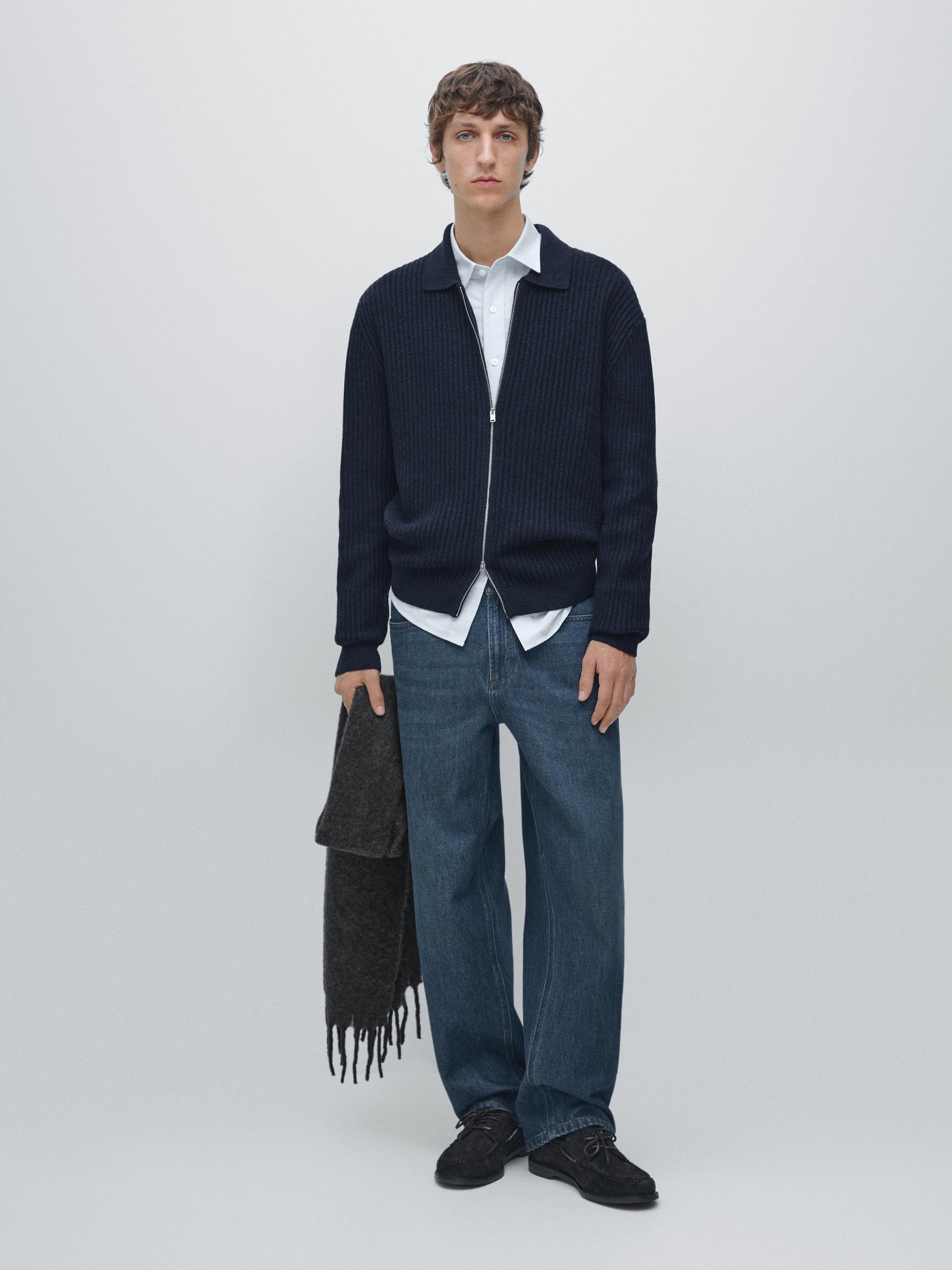 Cardigan Con Cerniera In Maglia A Costine Di Cotone E Lana - Blu Marino - S - Massimo Dutti - Maschile