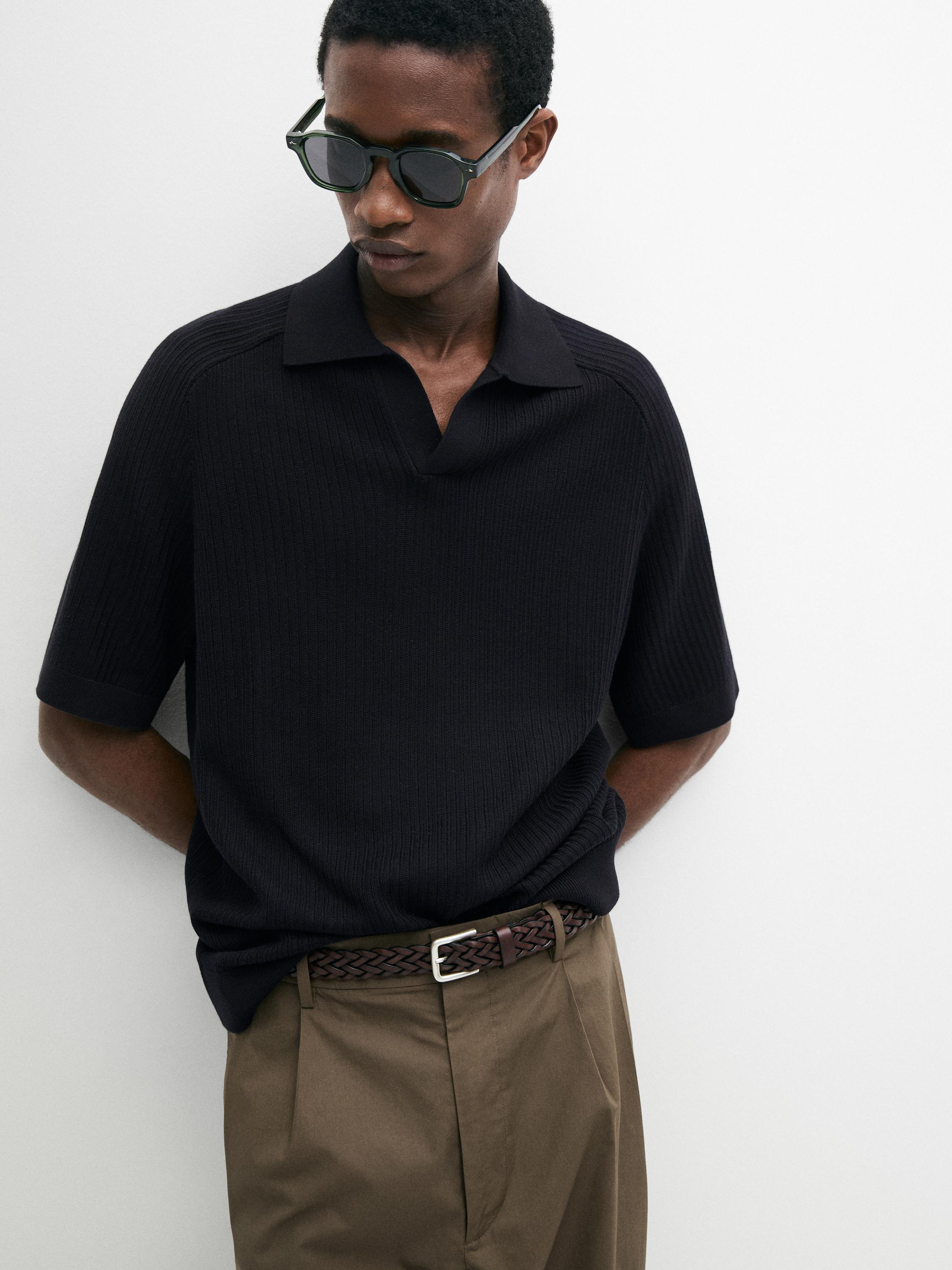 Ribbed knit cotton polo sweater — NAVY BLUE