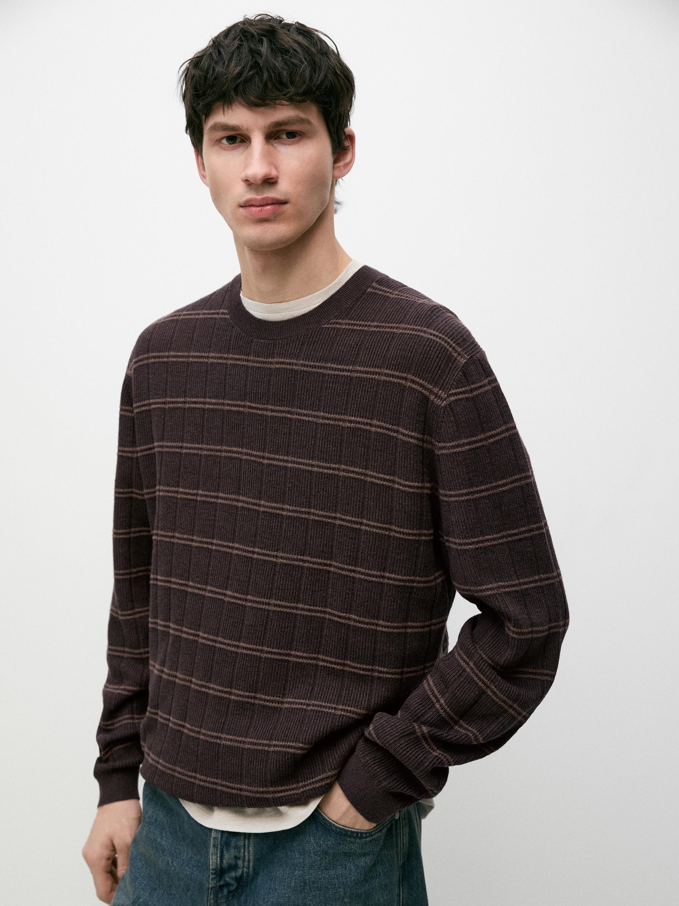 Striped knit crew neck sweater — BROWN