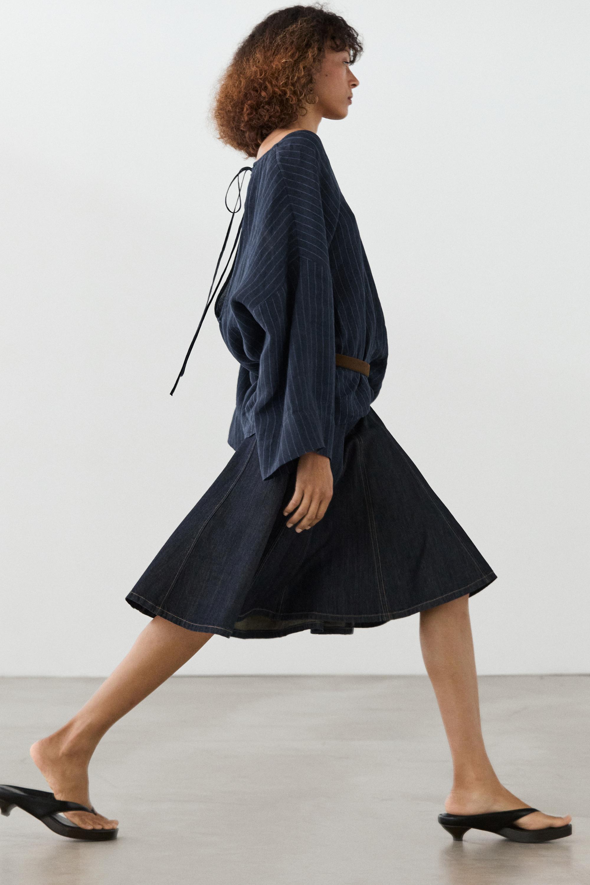 Striped linen blouse with back detail — DARK BLUE