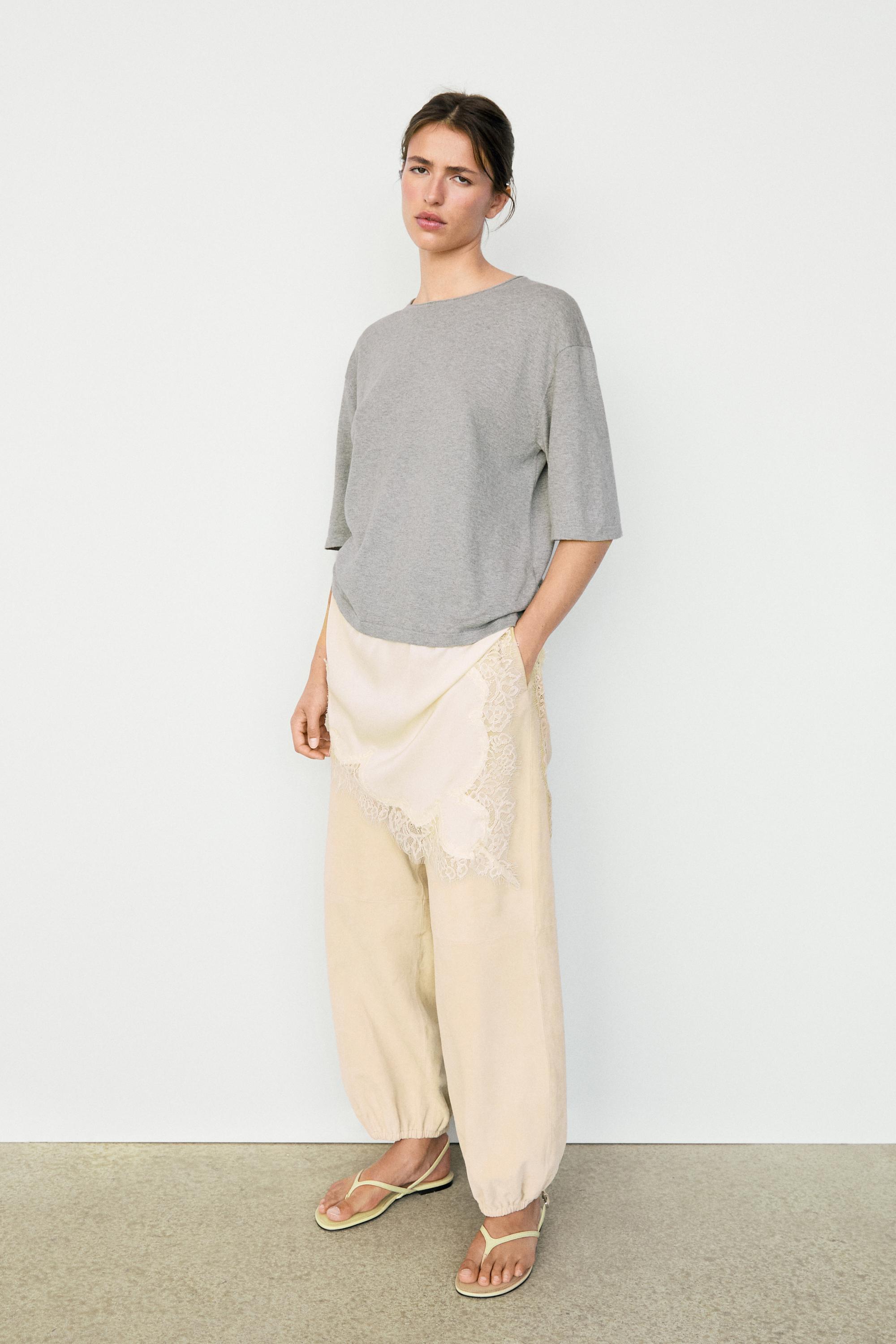 Sweater with contrast lace detail — MEDIUM GREY