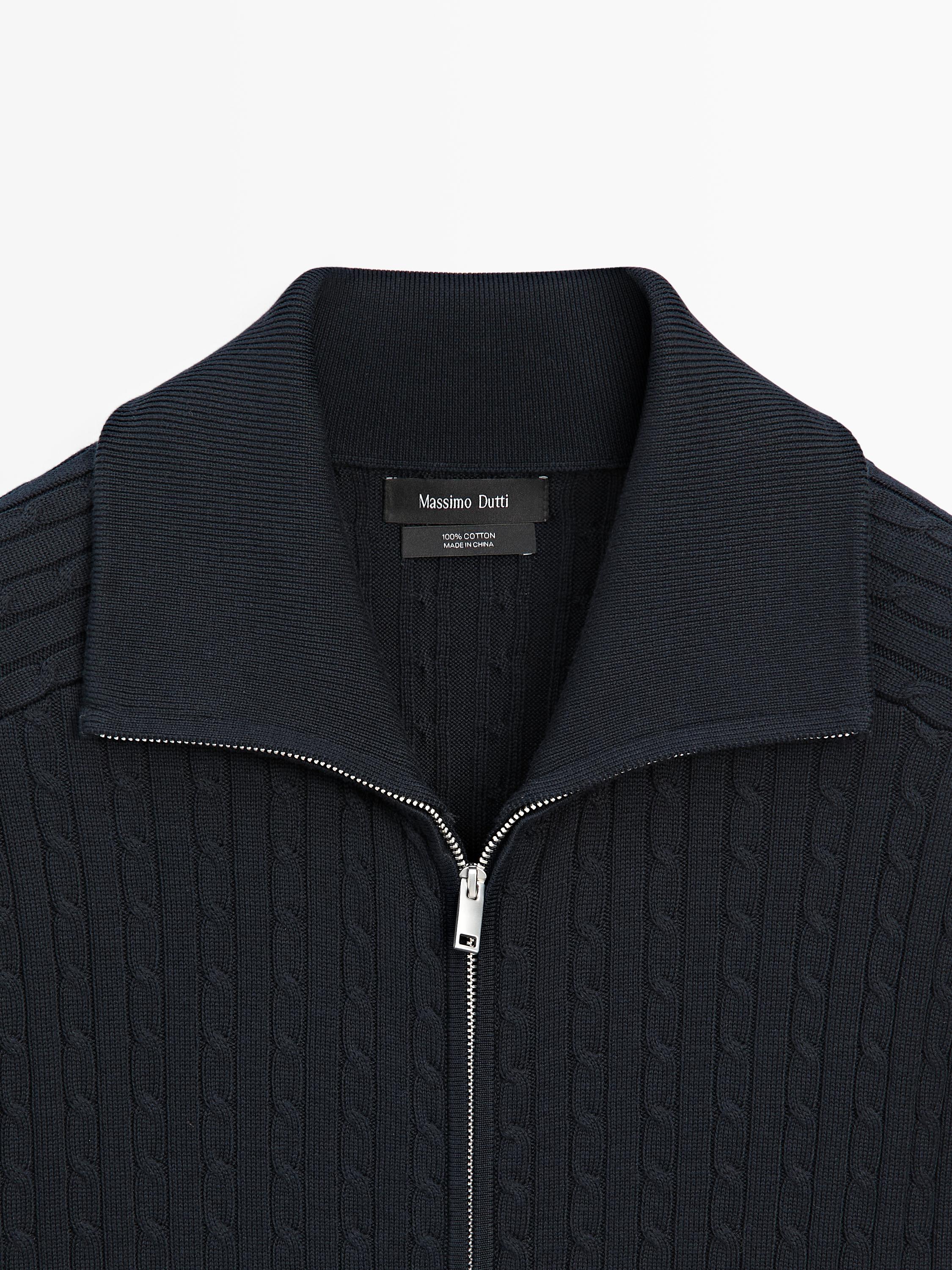 Cotton cable-knit cardigan with zip — NAVY BLUE