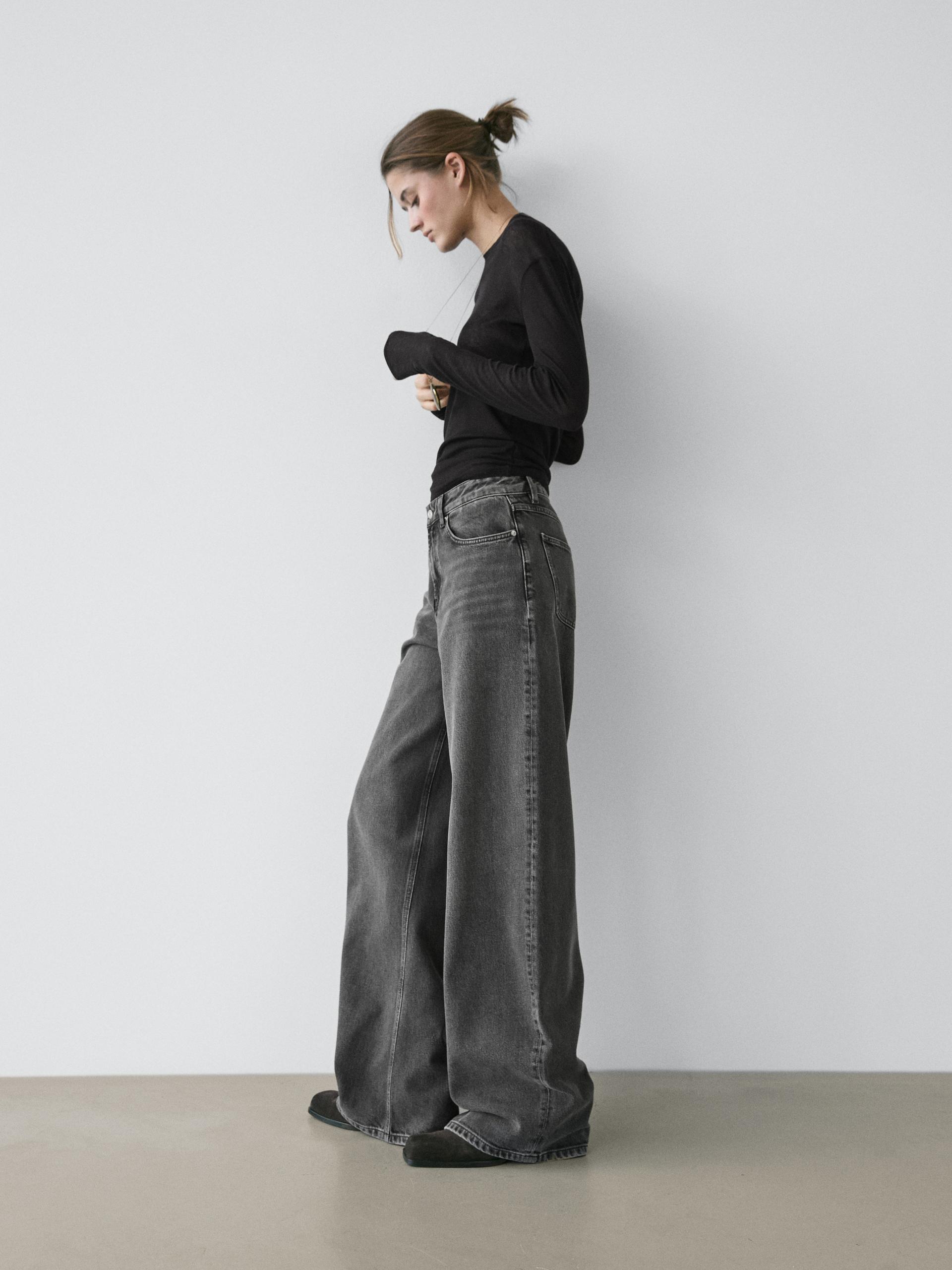 Jeansy O Kroju Barrel Fit Z Wysokim Stanem - Brudnoszary - 40 - Massimo Dutti - Kobieta