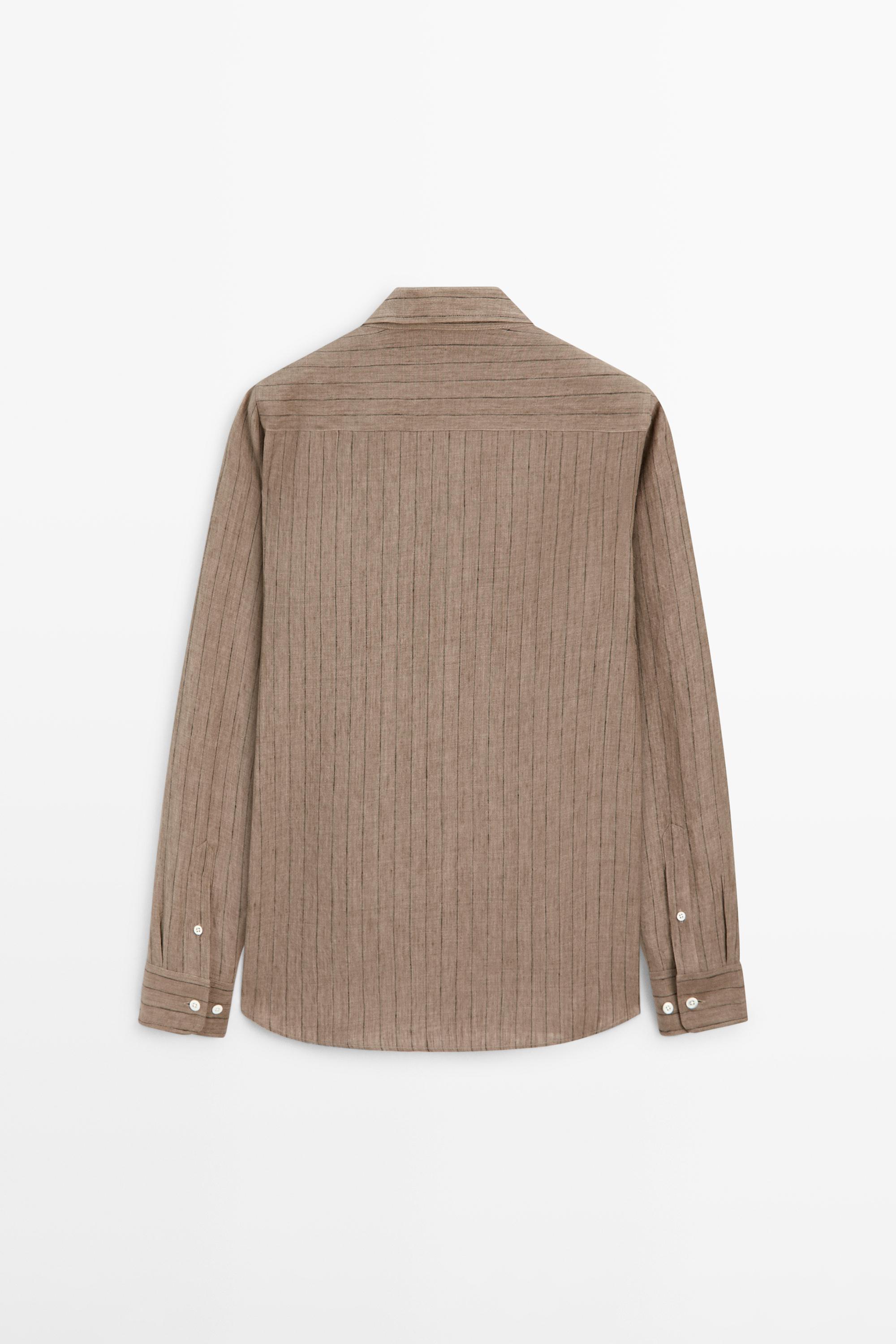 Regular fit 100% linen striped shirt — BEIGE