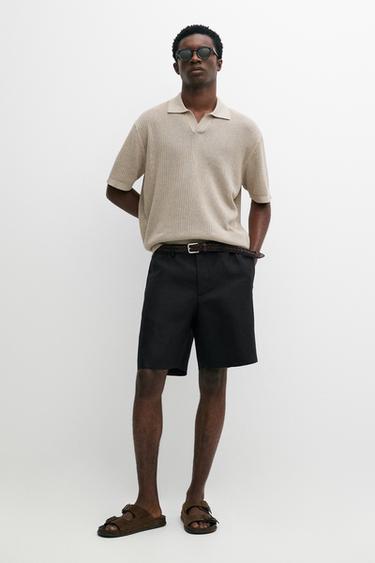 Cotton-blend V-neck knit polo shirt — MINK 1