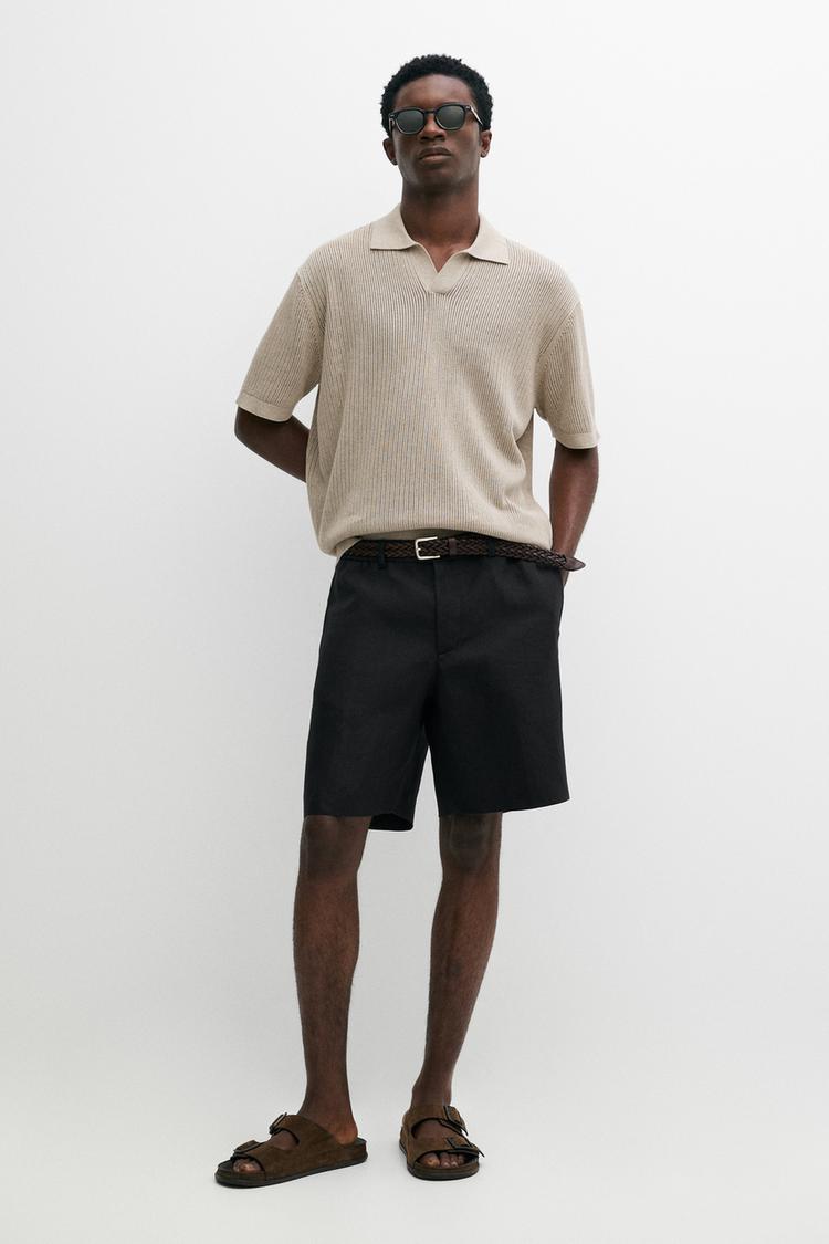 Cotton-blend V-neck knit polo shirt — MINK