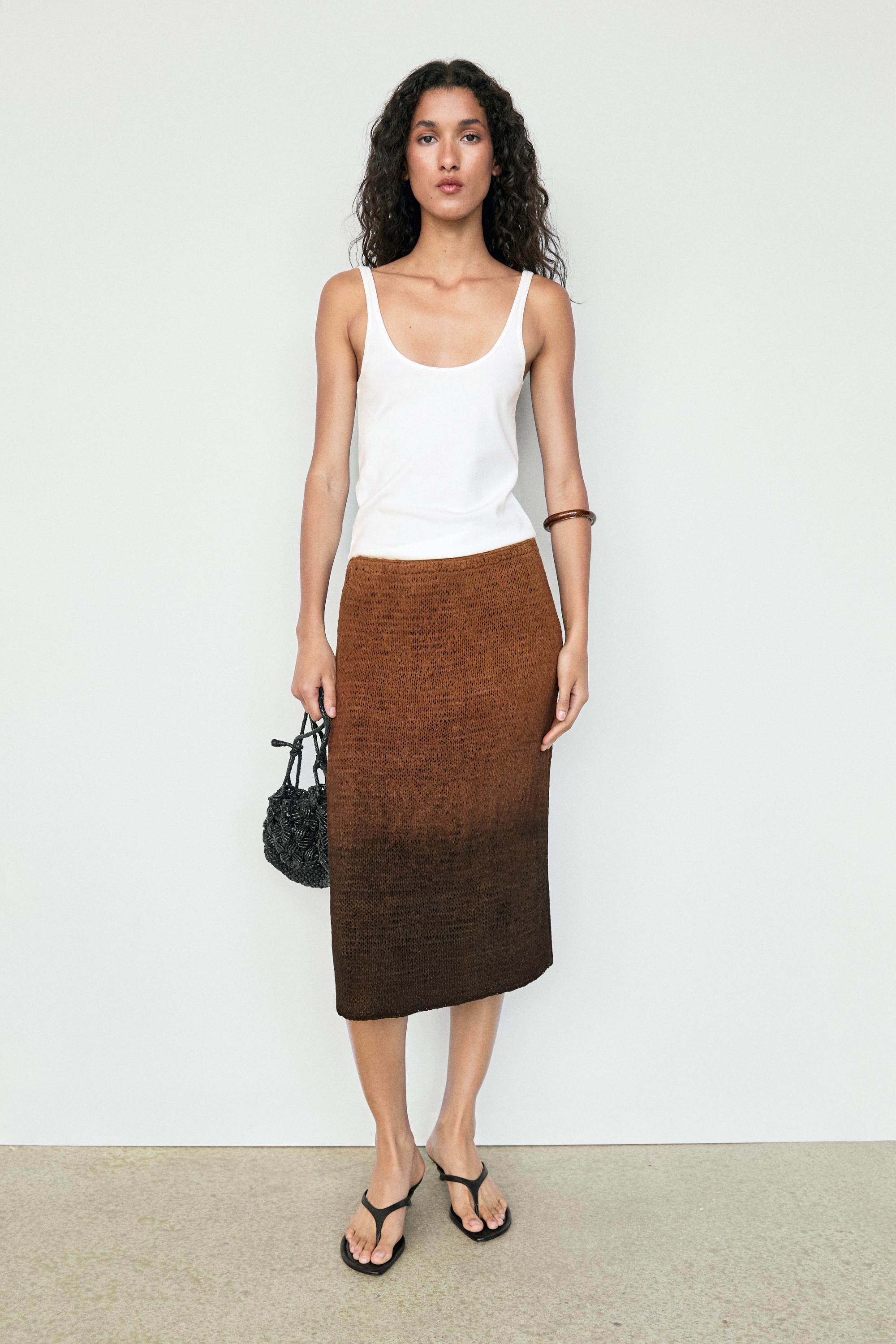 Suede leather knit midi skirt — BROWN