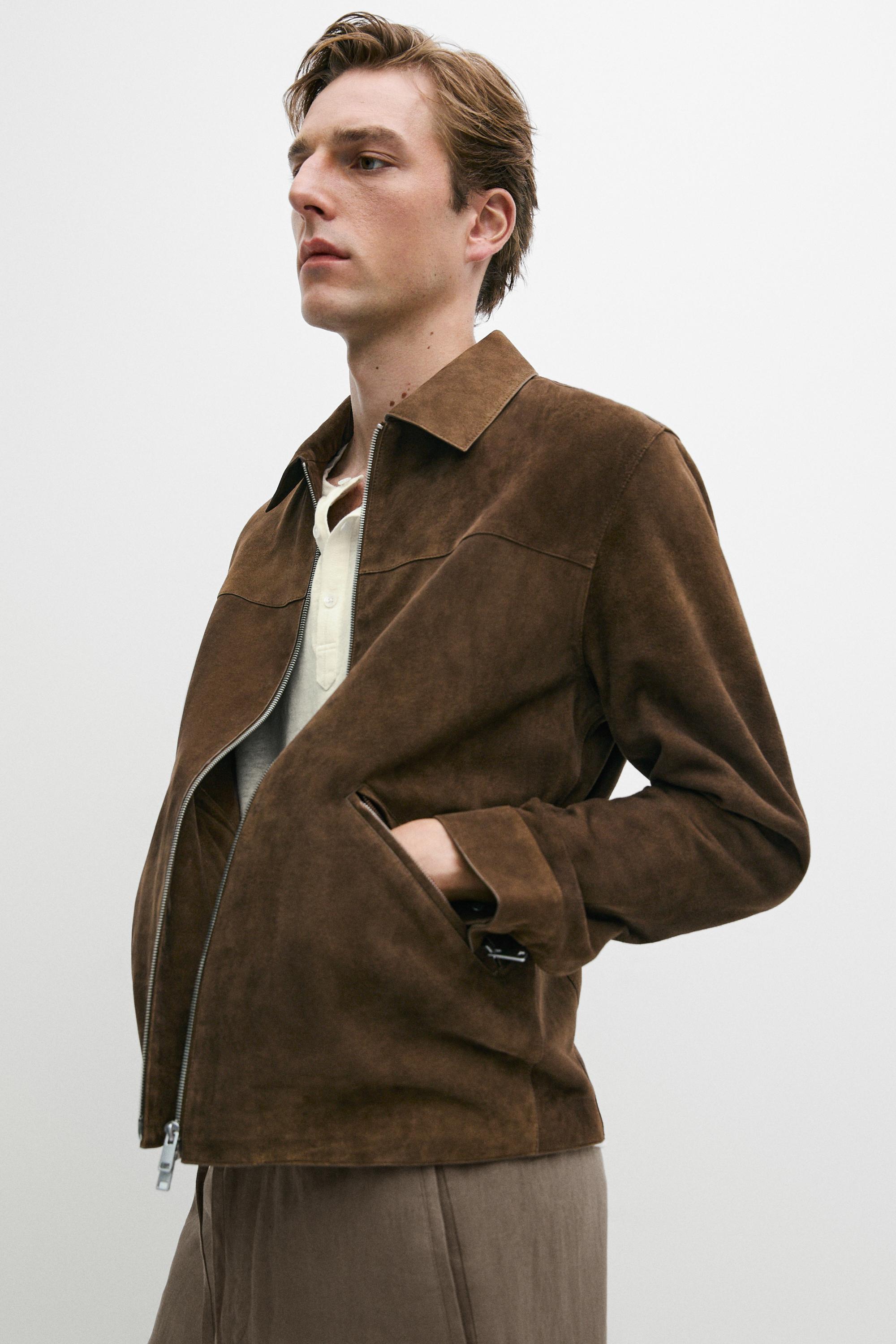 Suede leather zip-up jacket — BROWN MARL