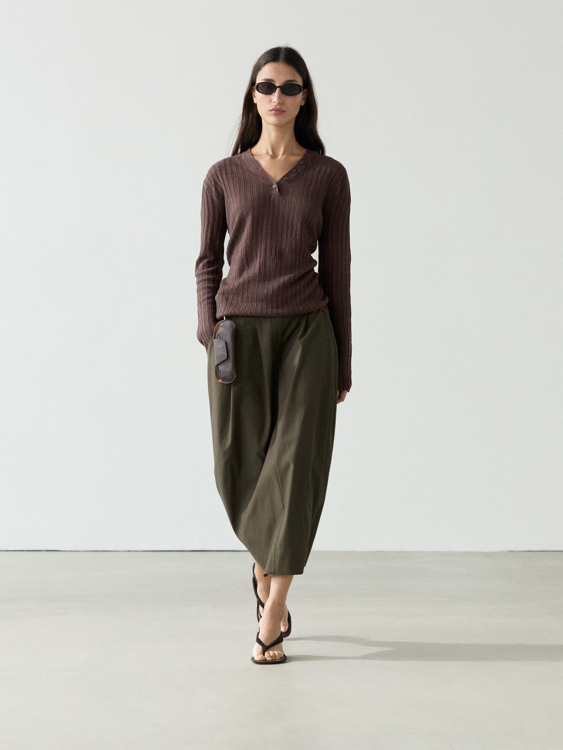 Pull En Maille 100 % Lin À Boutons - Chocolat - M - Massimo Dutti - Femme