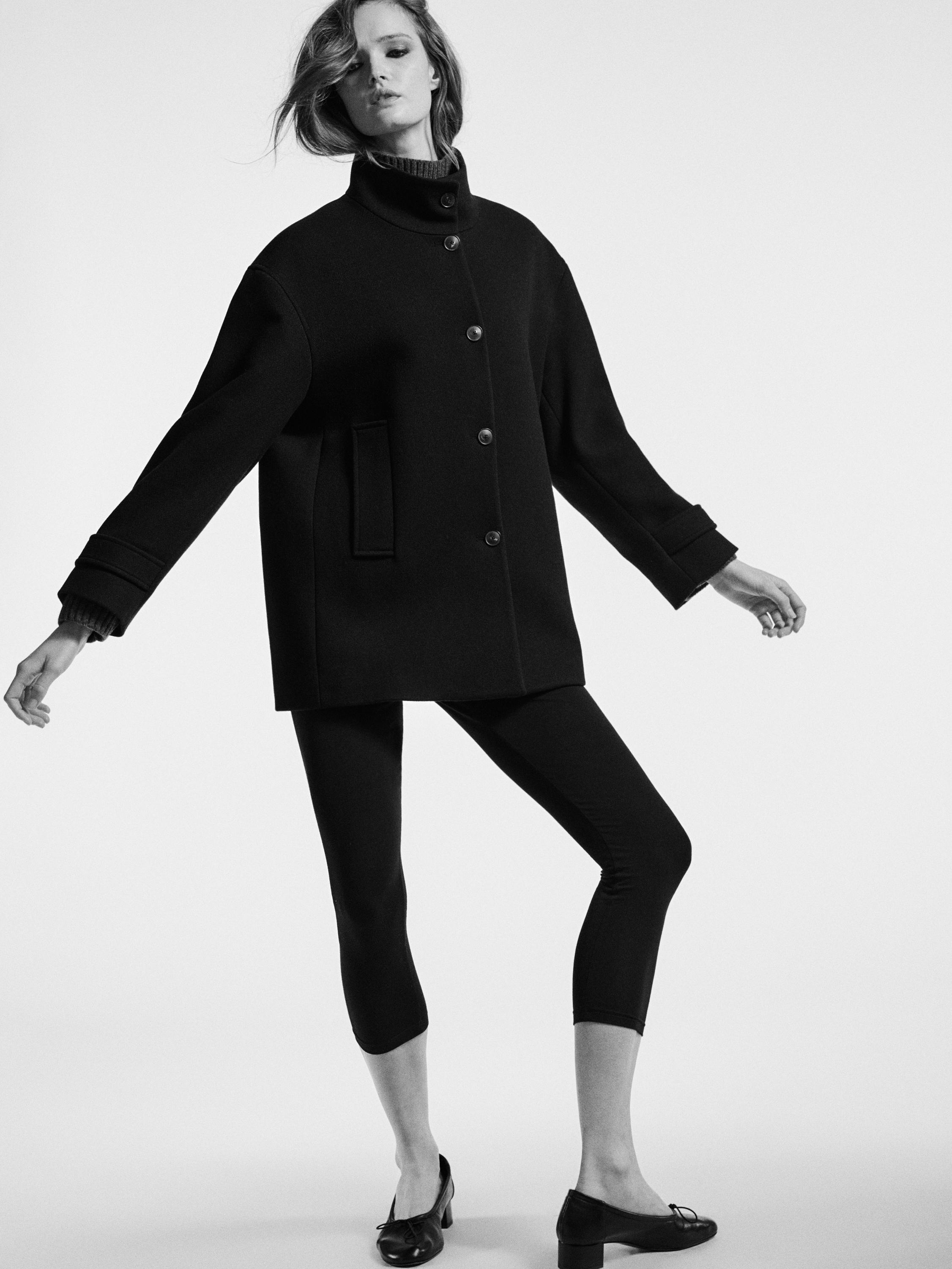 Wool blend high neck coat with button fastening — BLACK