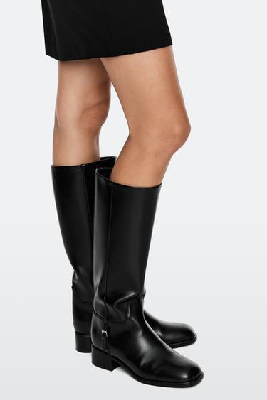 Flat leather boots with side buckle — BLACK 4