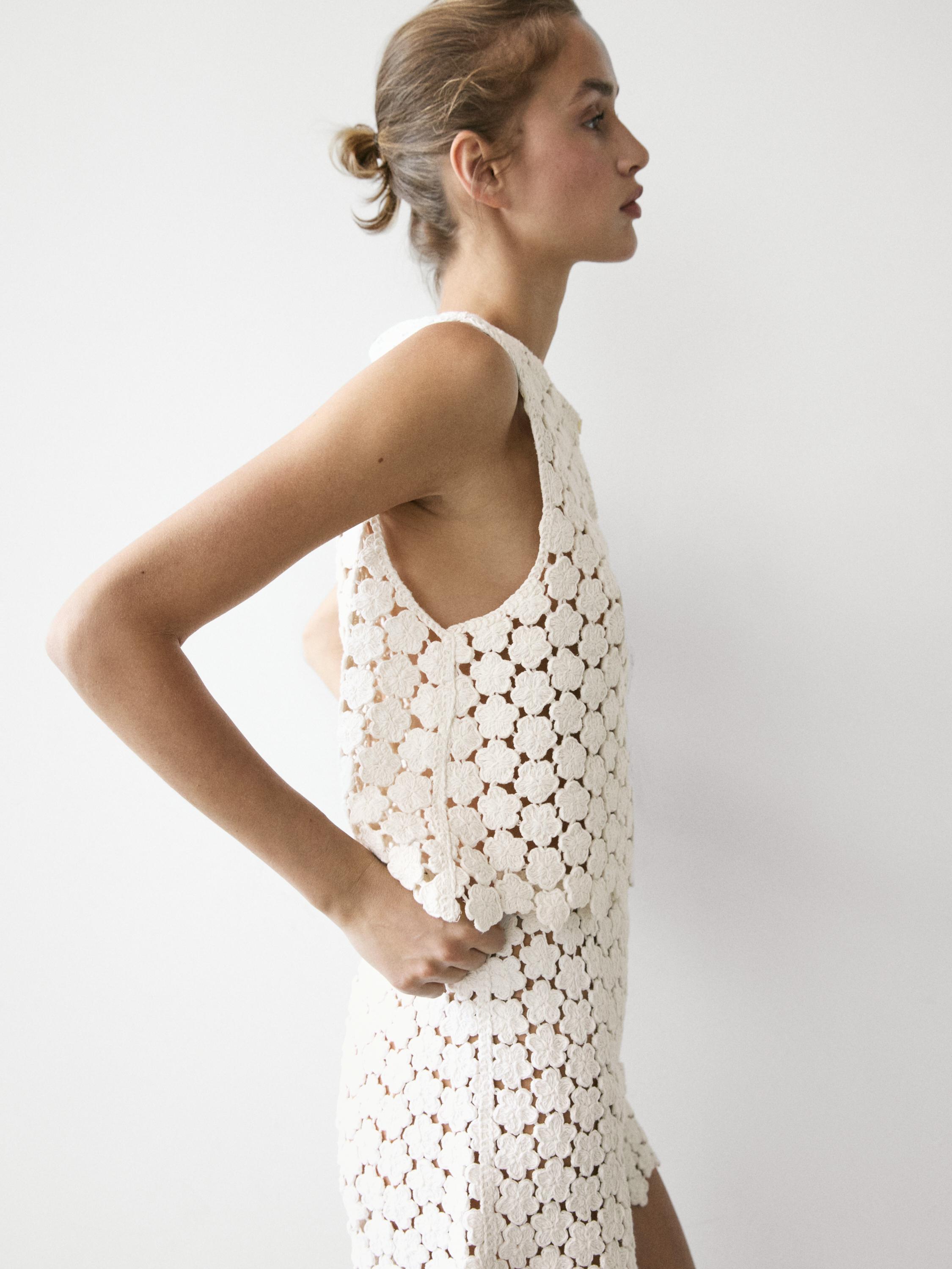Cotton crochet vest with floral details — CREAM