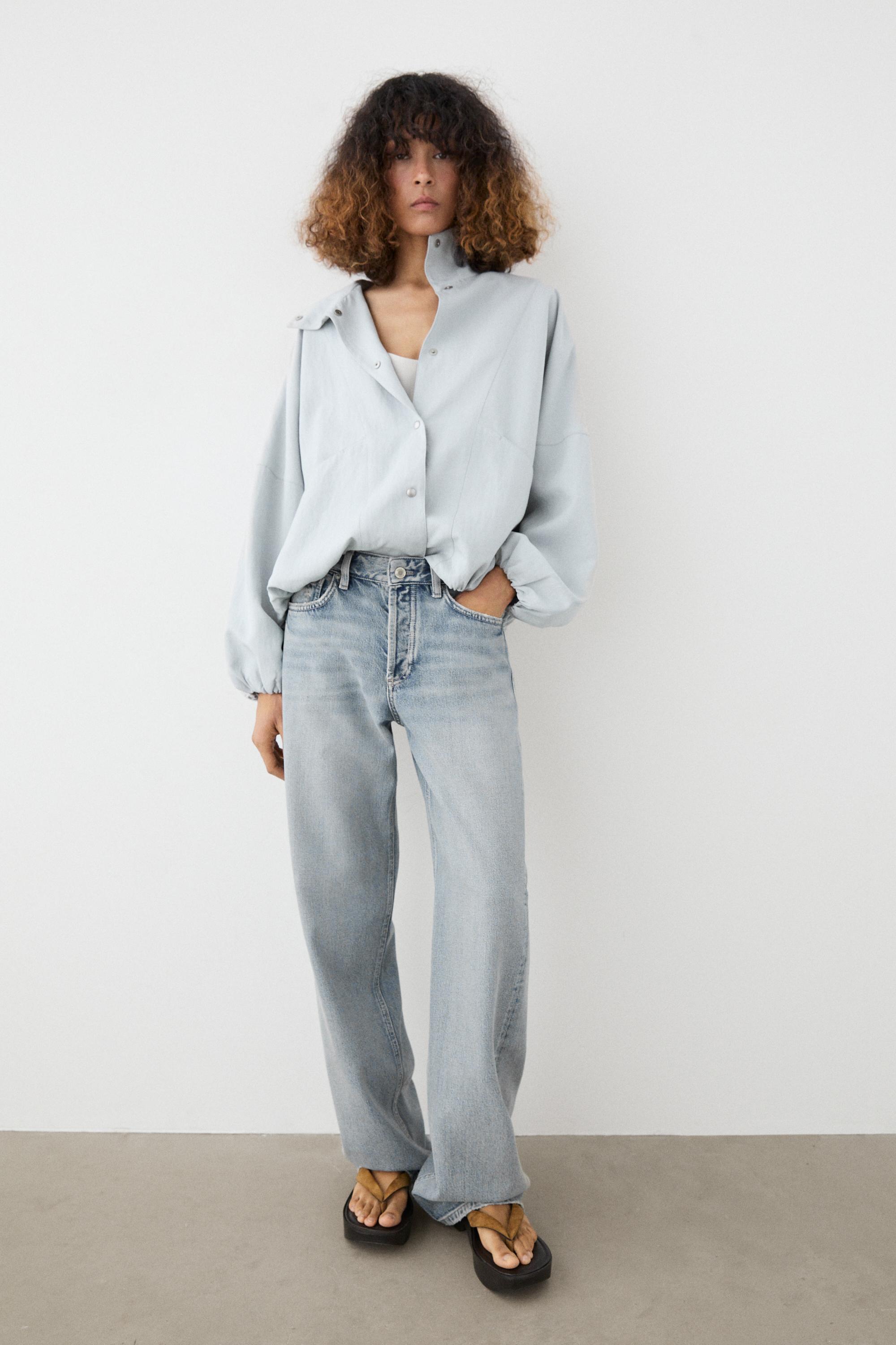 High collar bomber jacket with pocket details — Light blue