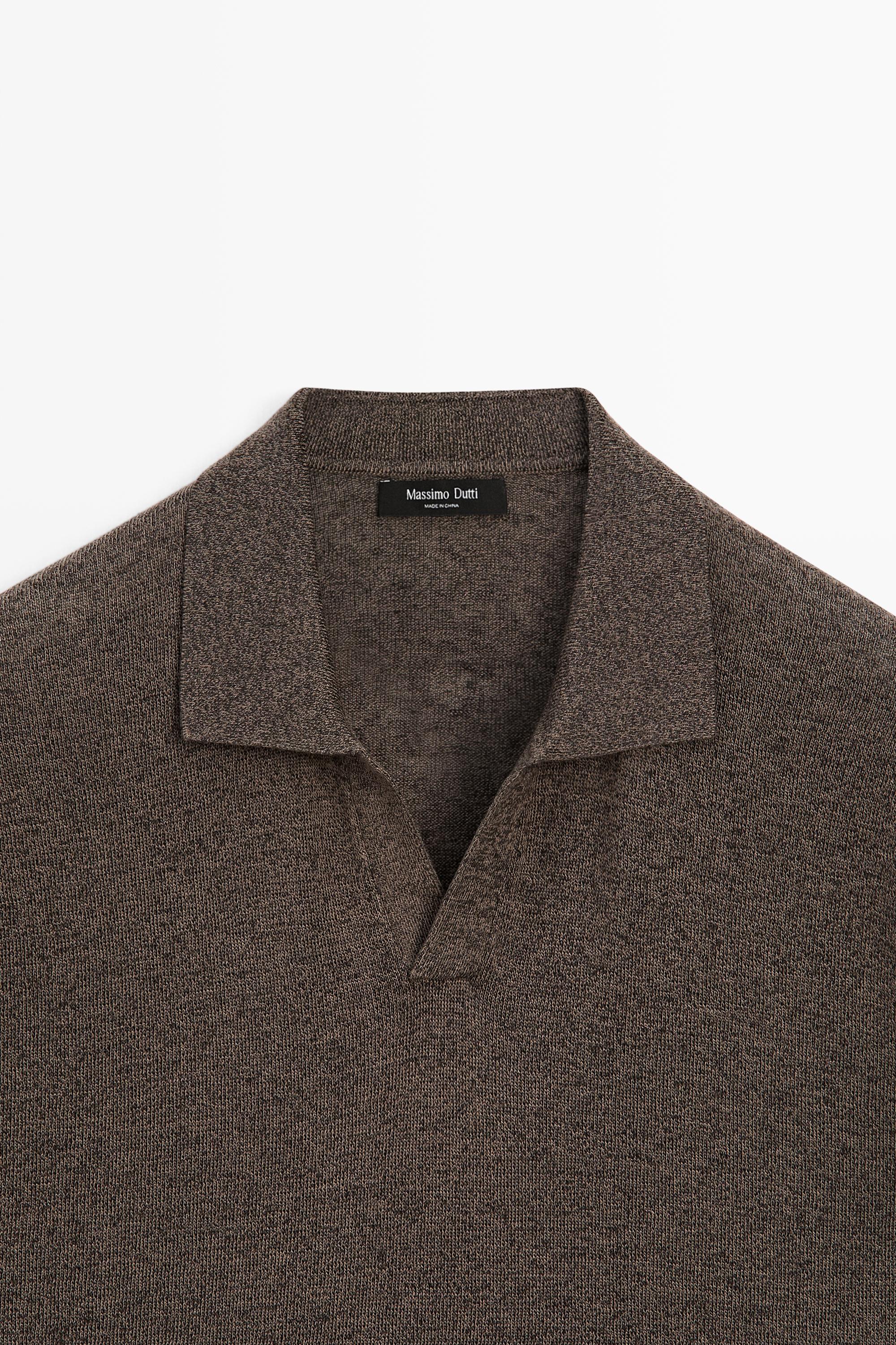 Linen blend V-neck polo shirt — BROWN
