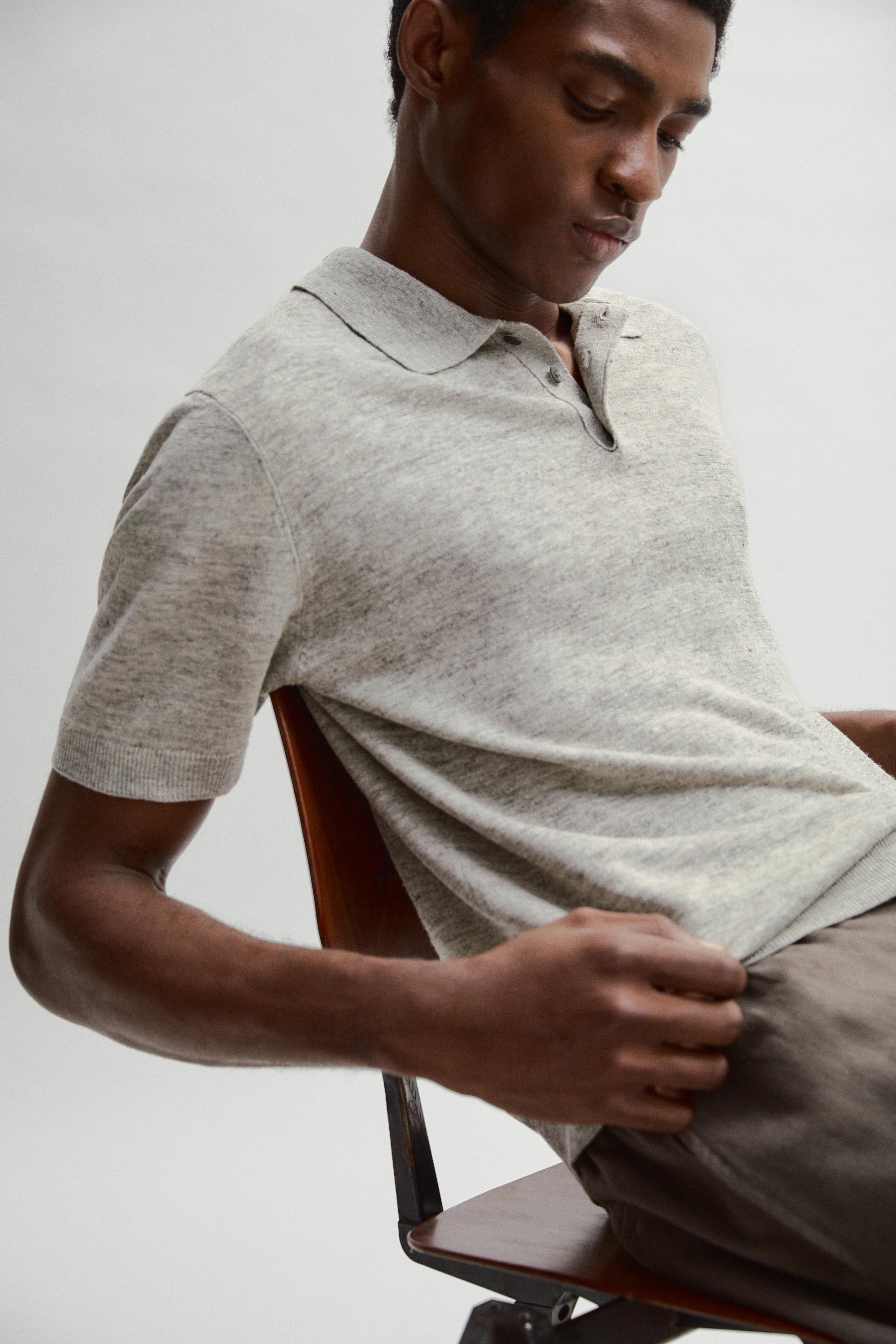 100% linen melange polo shirt — GREY MARL