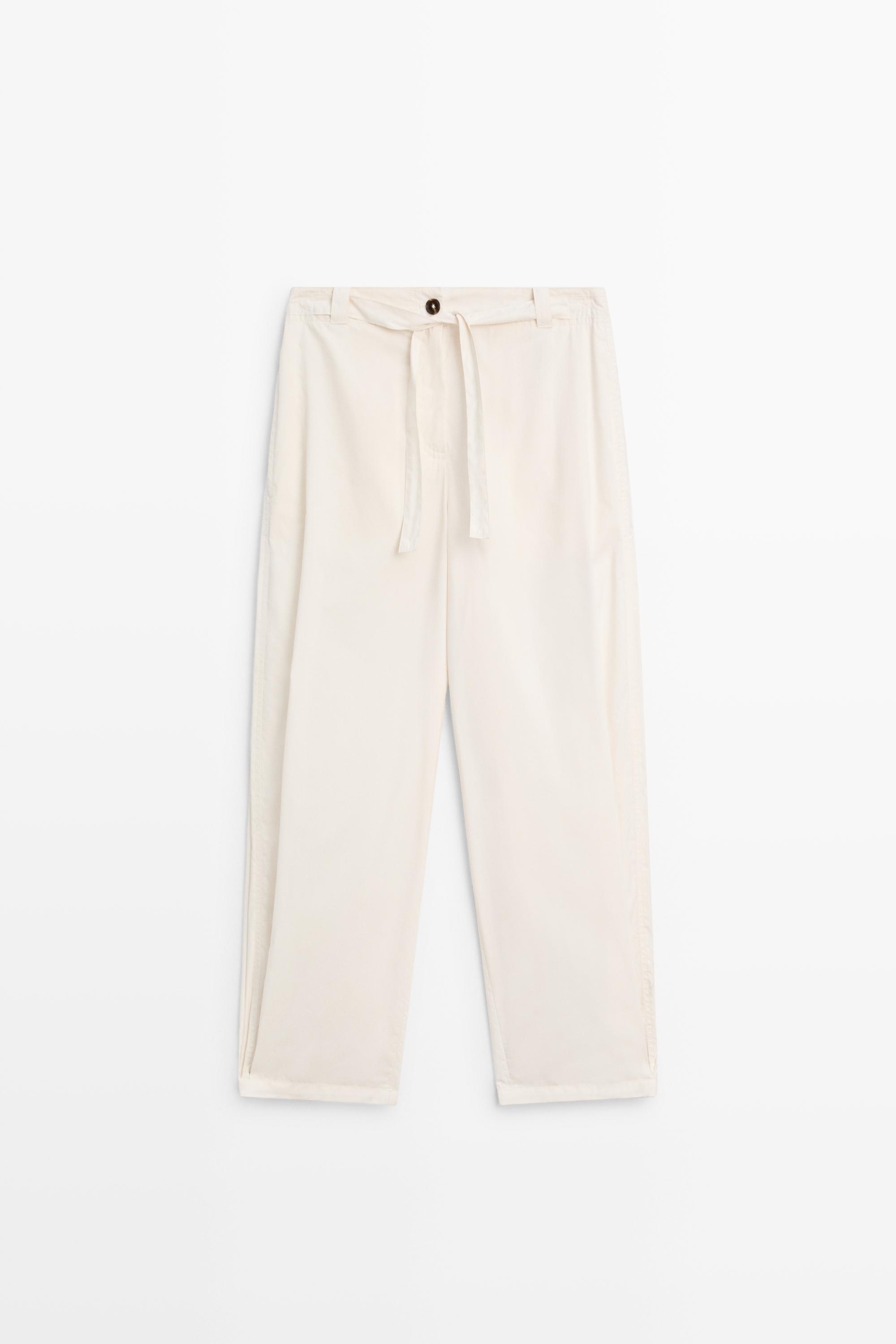 Cotton blend pants with tie detail — WHITE