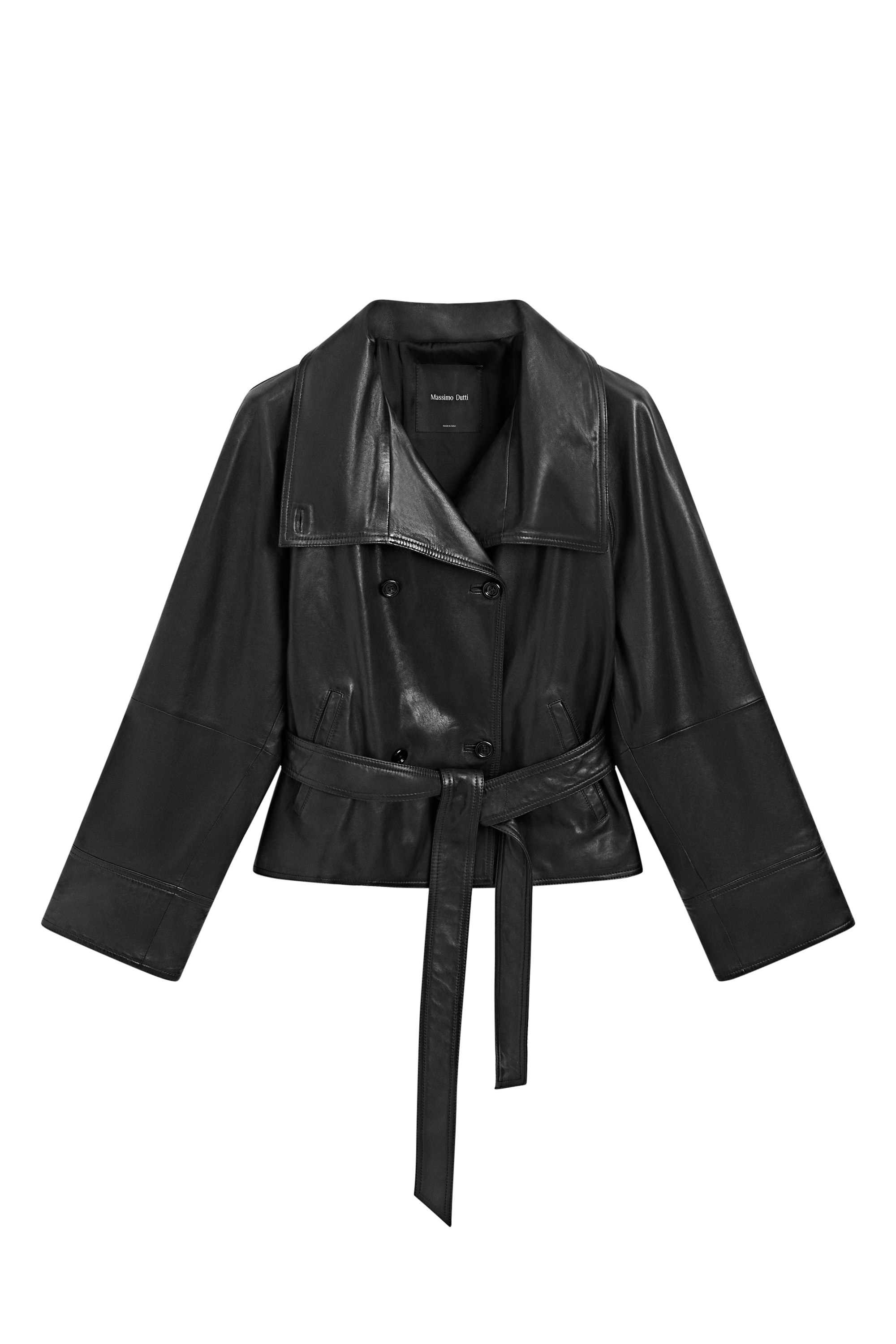 Short leather jacket with belt - BLACK