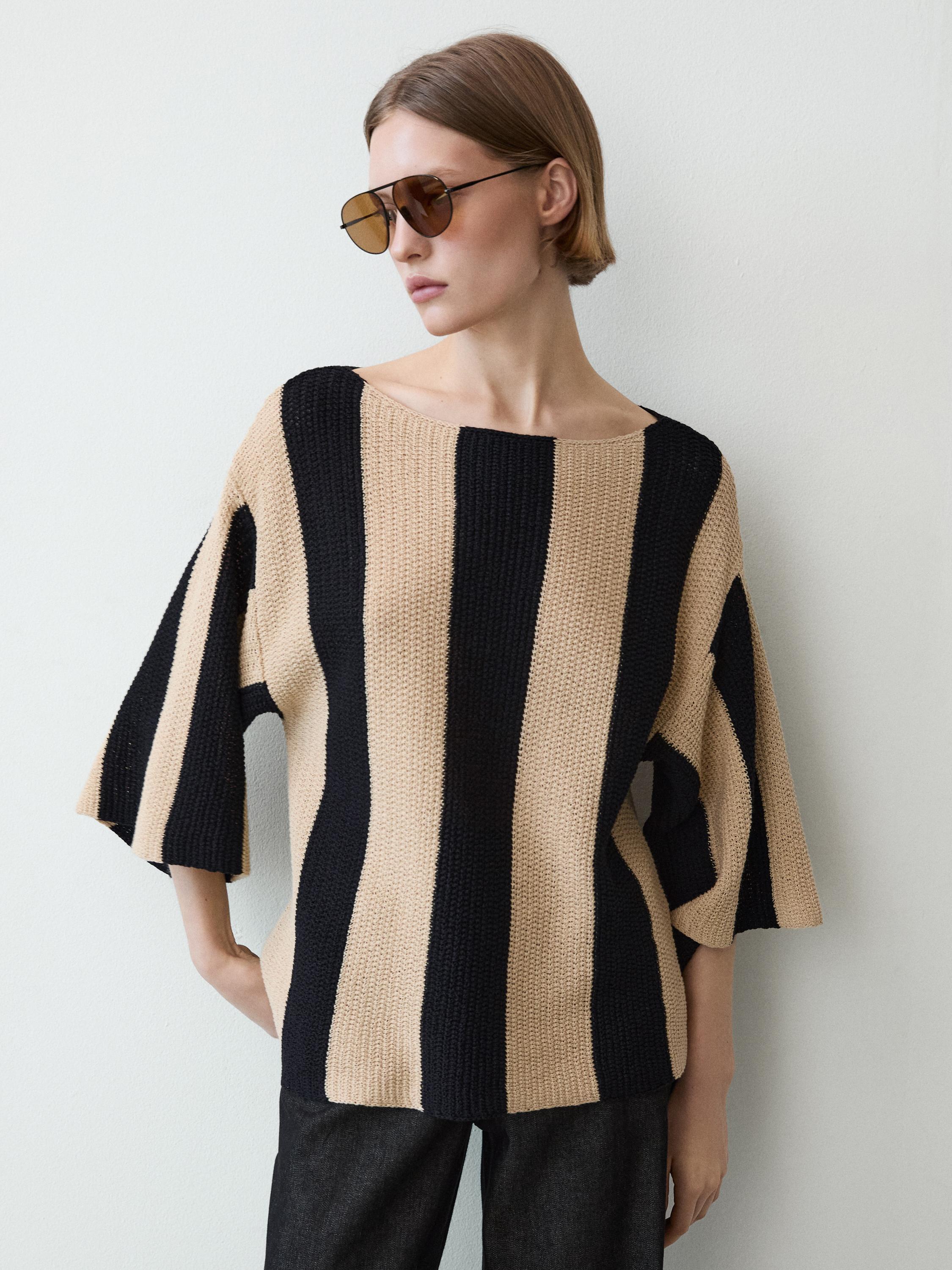 Striped cotton blend knit sweater — BLACK