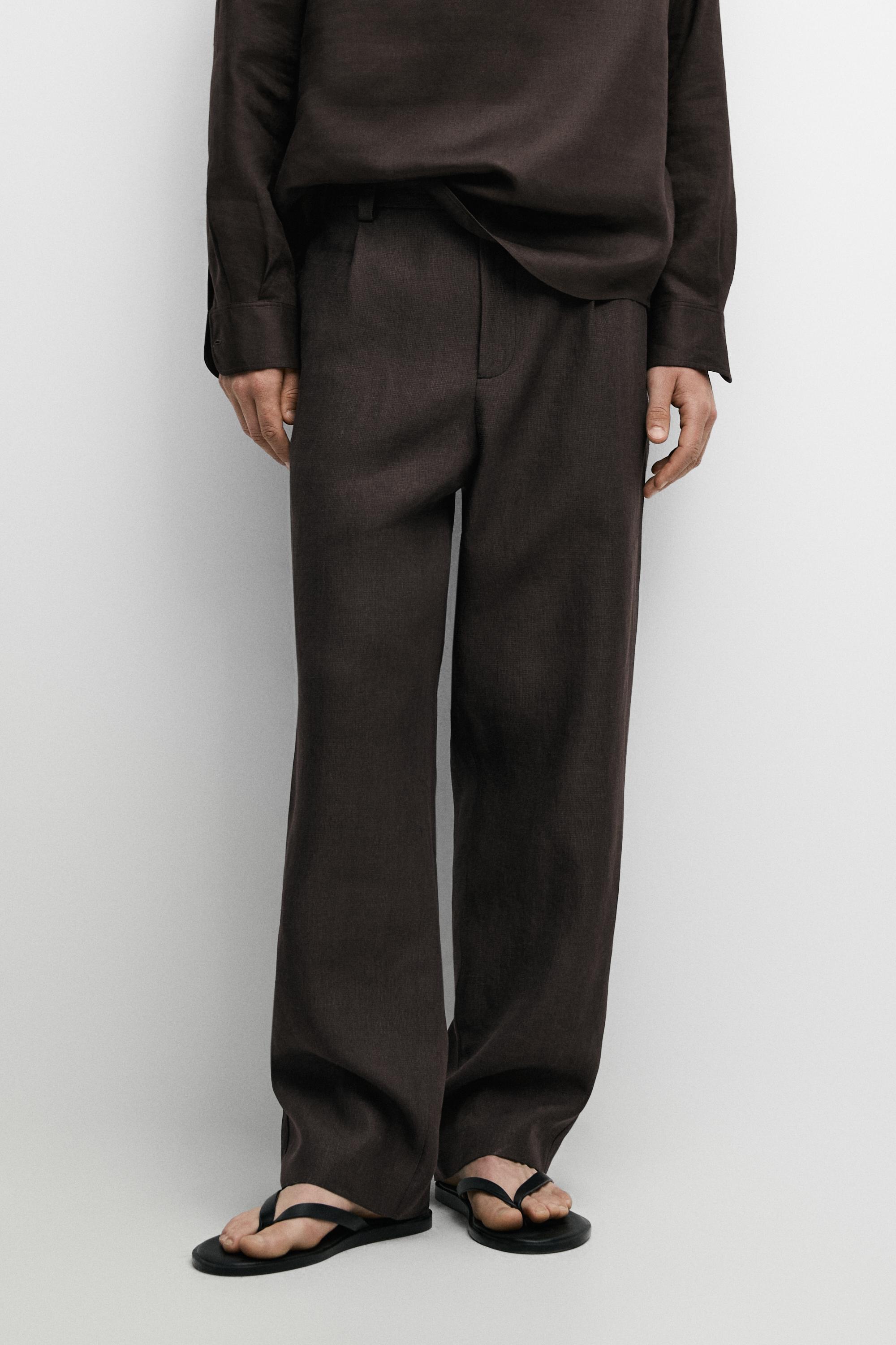 100% linen houndstooth pants — BROWN