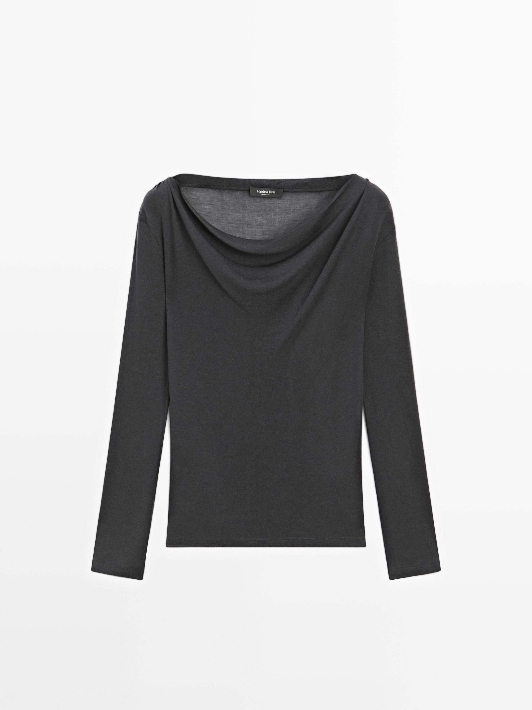 Long sleeve T-shirt with draped neckline
