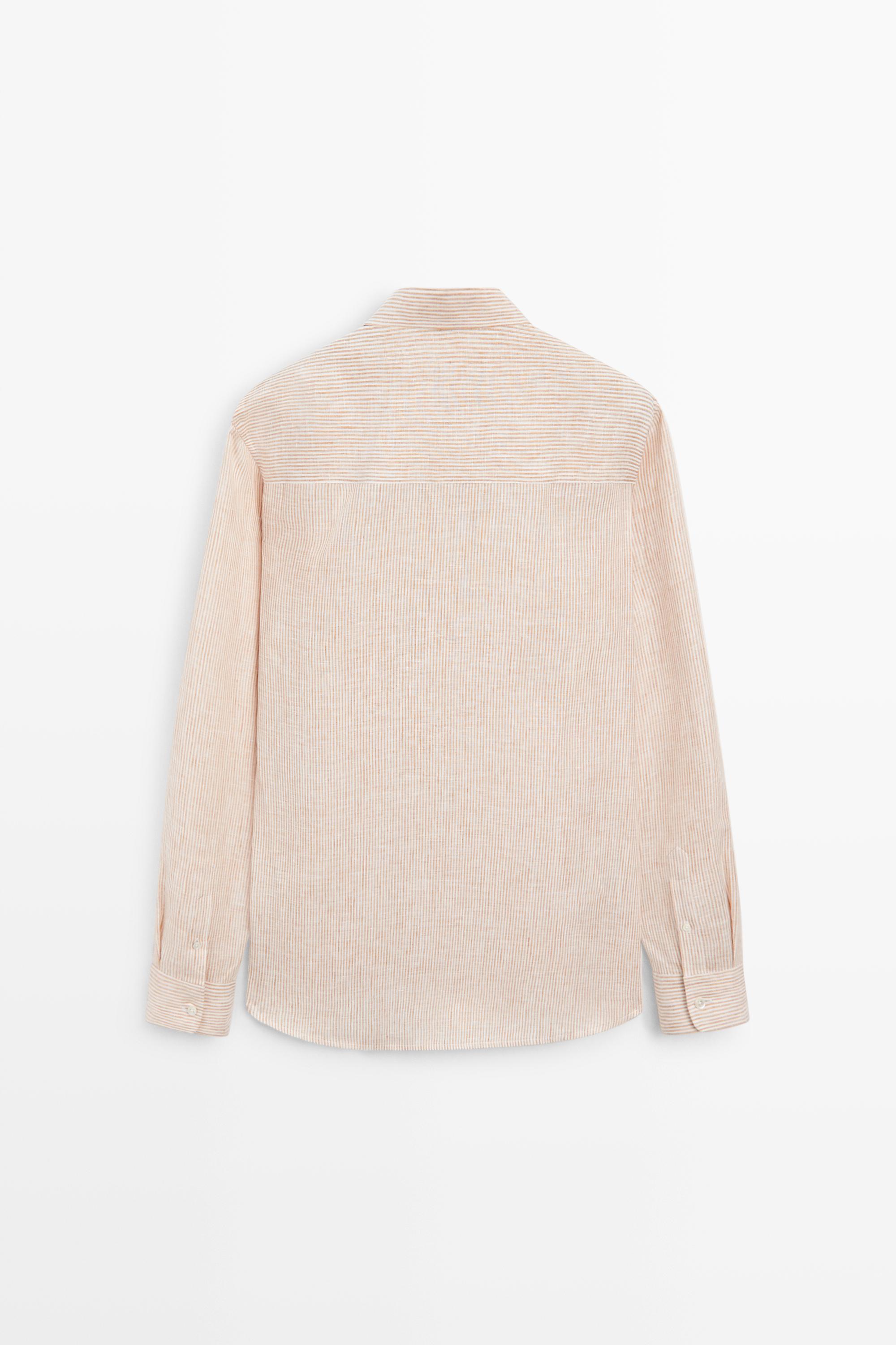 100% linen regular fit striped shirt — Light Beige