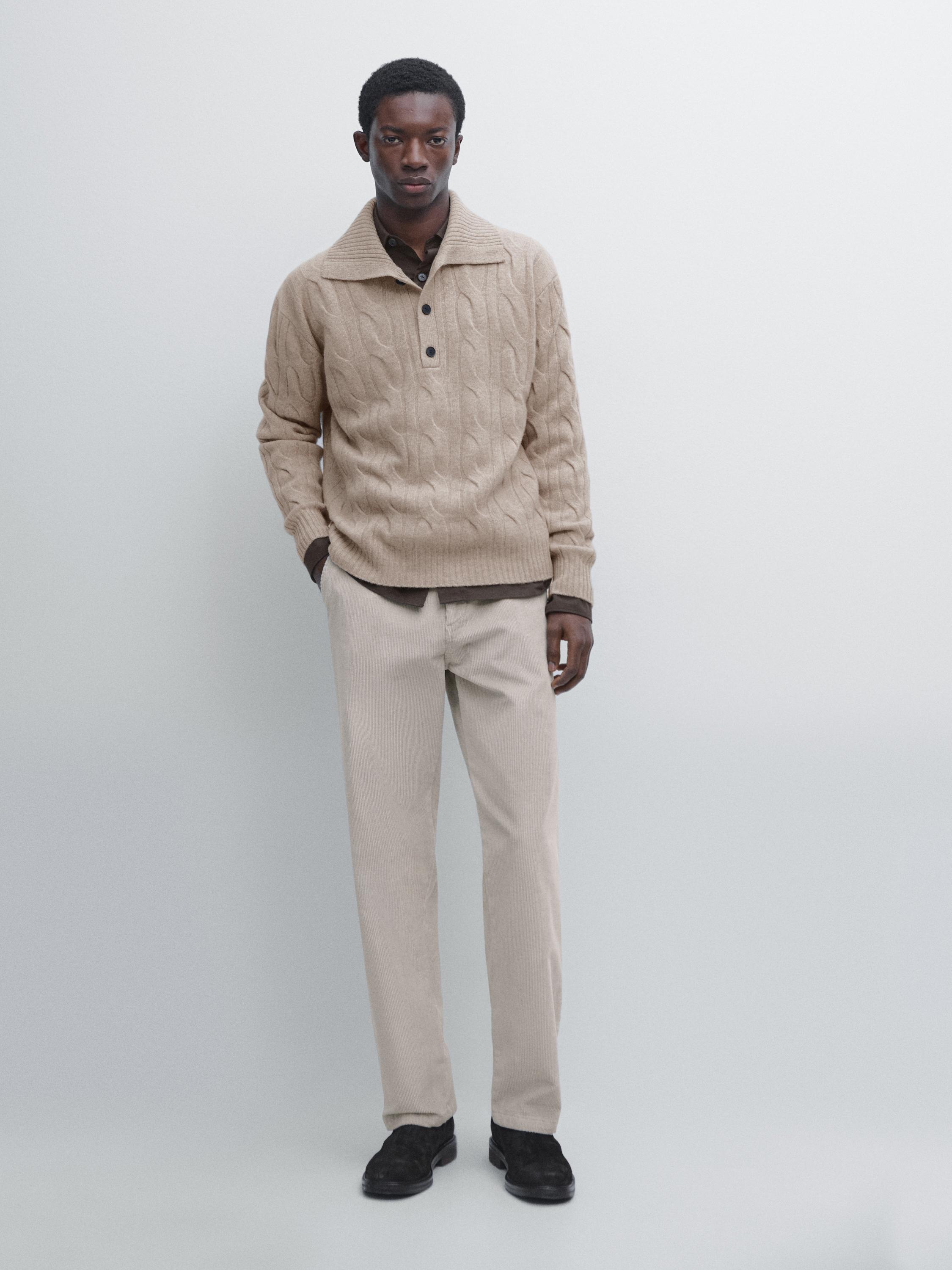 Wool cable-knit polo sweater — Sand