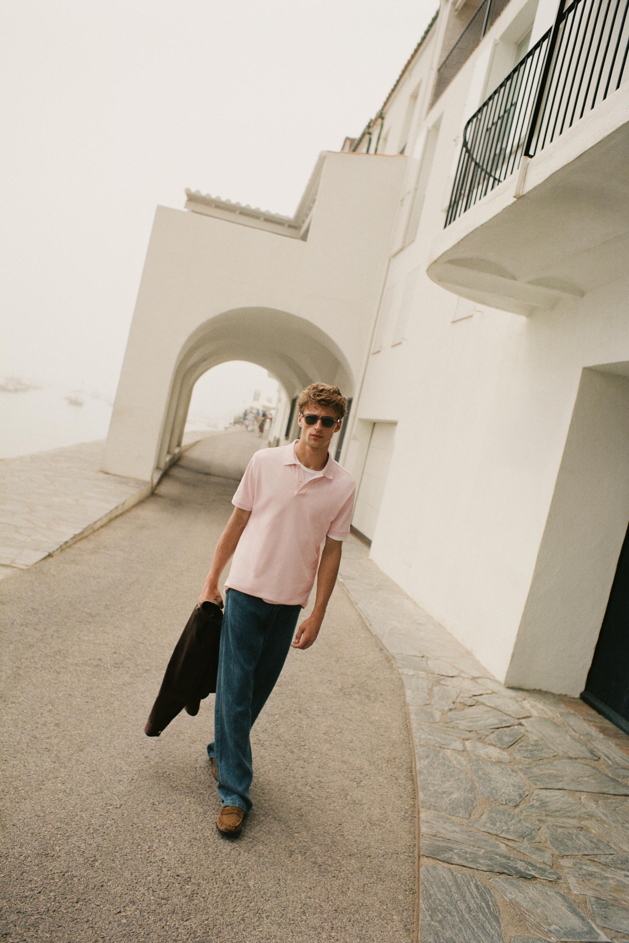 Micro-textured cotton piqué polo shirt — ROSE PINK