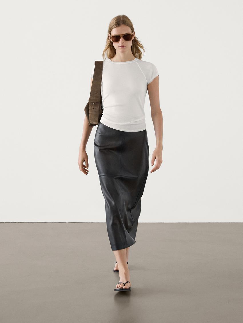 NWT Massimo Dutti Women's Black Leather Mini Skirt Snap Buttons Small