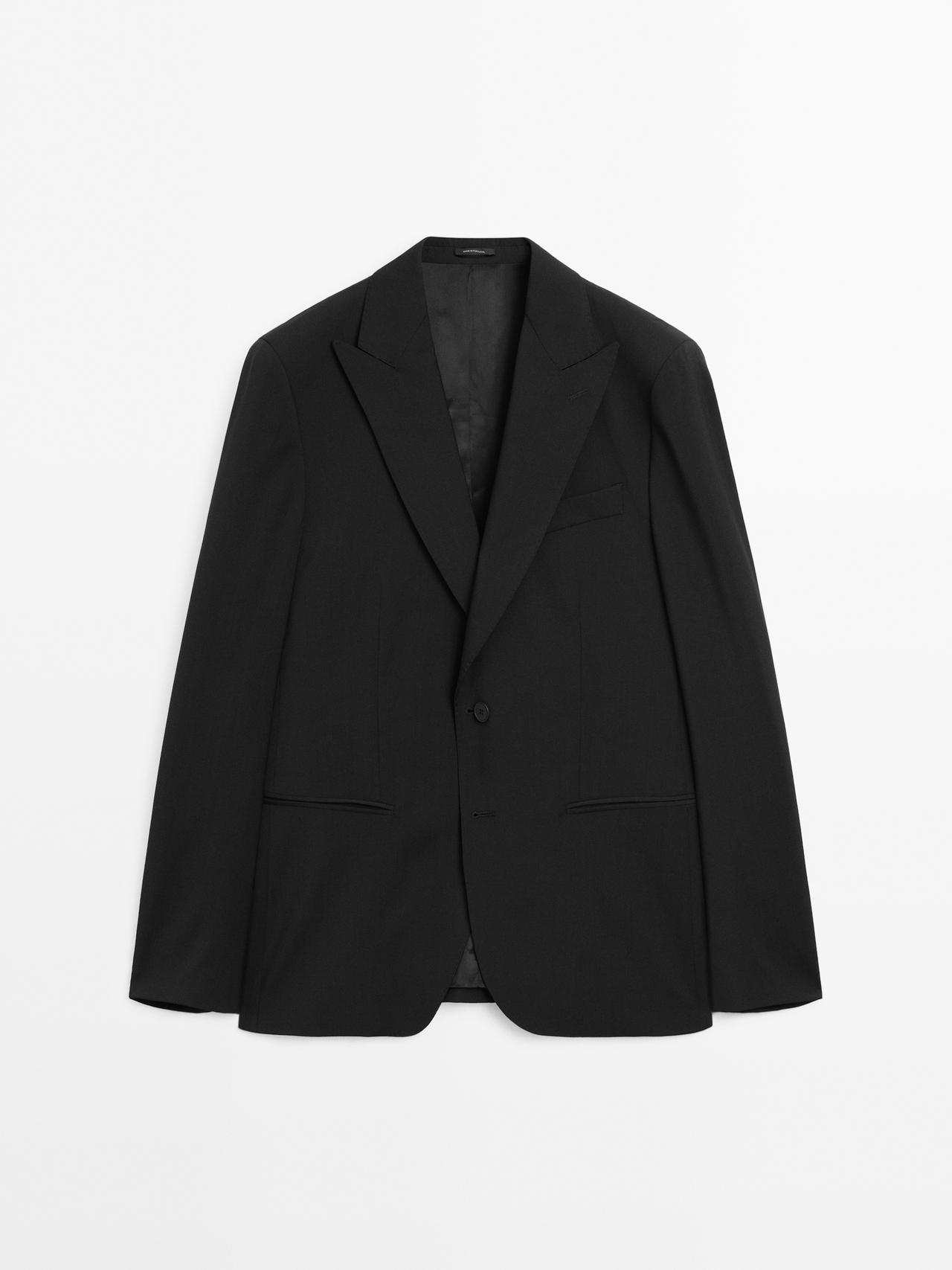 Massimo Dutti - Herre - Ensfarvet Habitjakke I 100 % Uld - Sort - 48