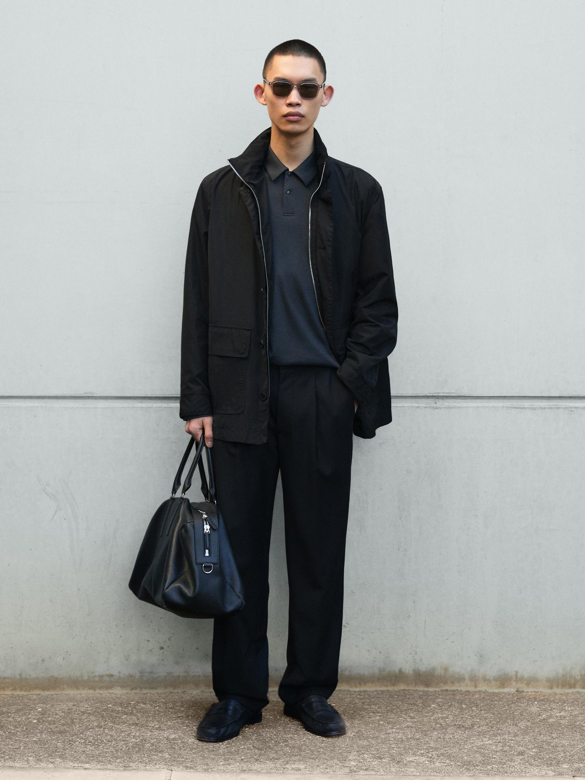 Hooded parka with fabric detail — BLACK